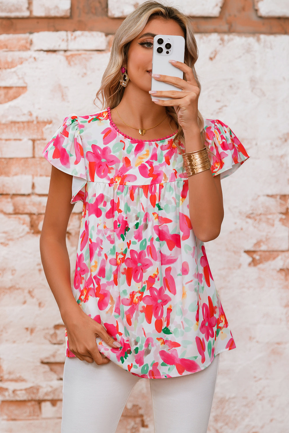 Rose Floral Print Flutter Sleeve Round Neck Blouse
