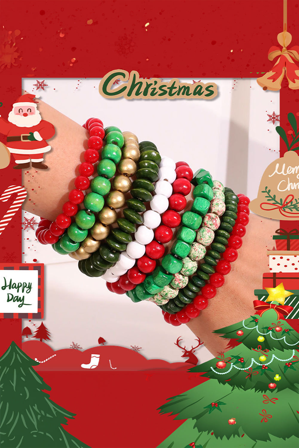 Fiery Red Christmas 10pcs Beaded Stackable Bracelet Set