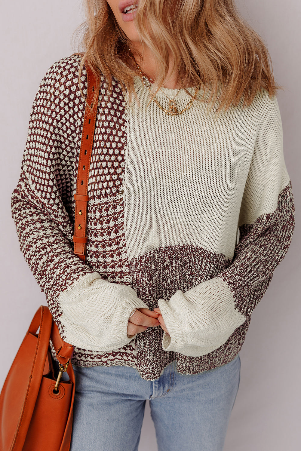 Dark Khaki Colorblock Back Tie Drop Shoulder Loose Sweater