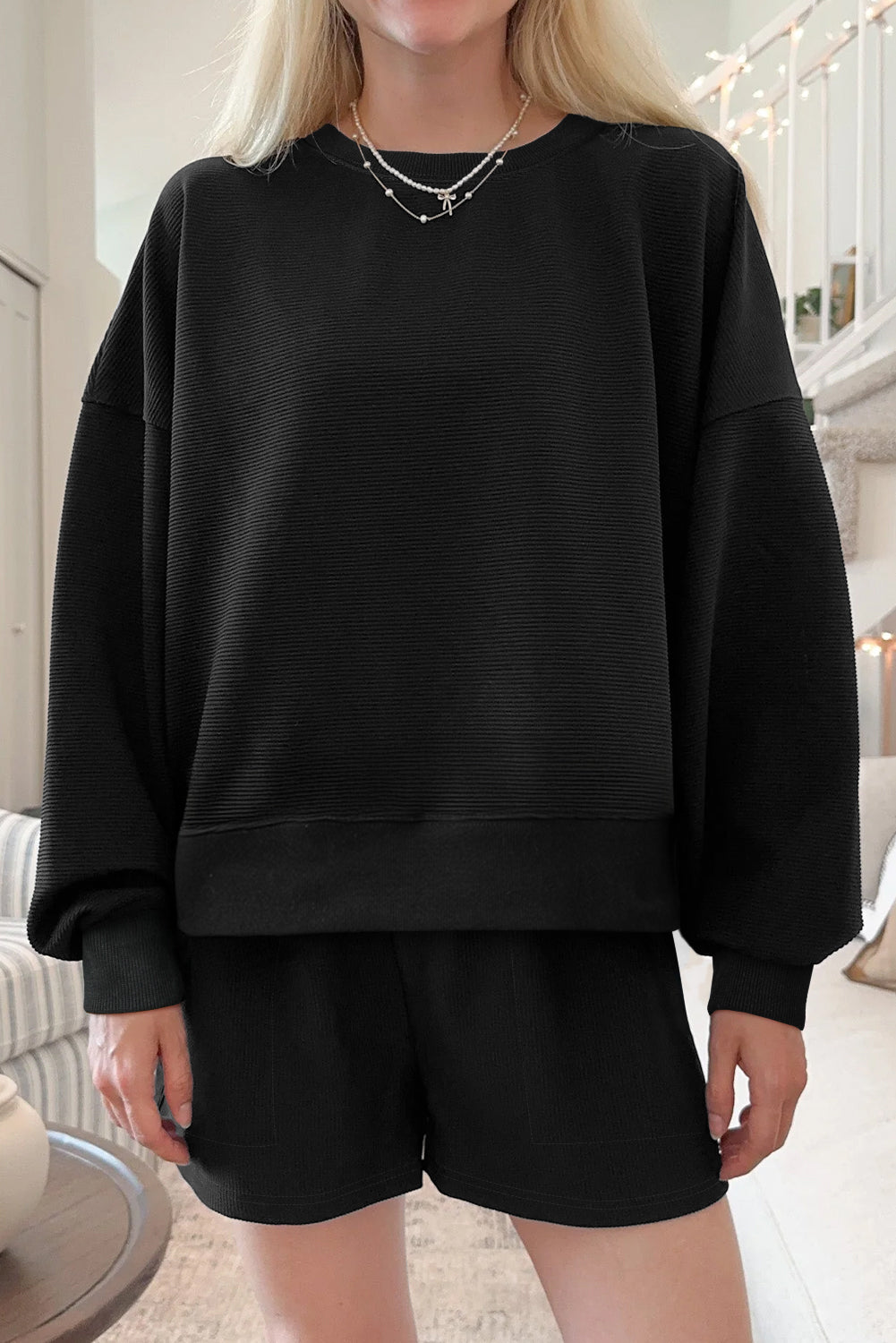 Black Ribbed Texture Baggy Drop Shoulder Pullover and Shorts Set