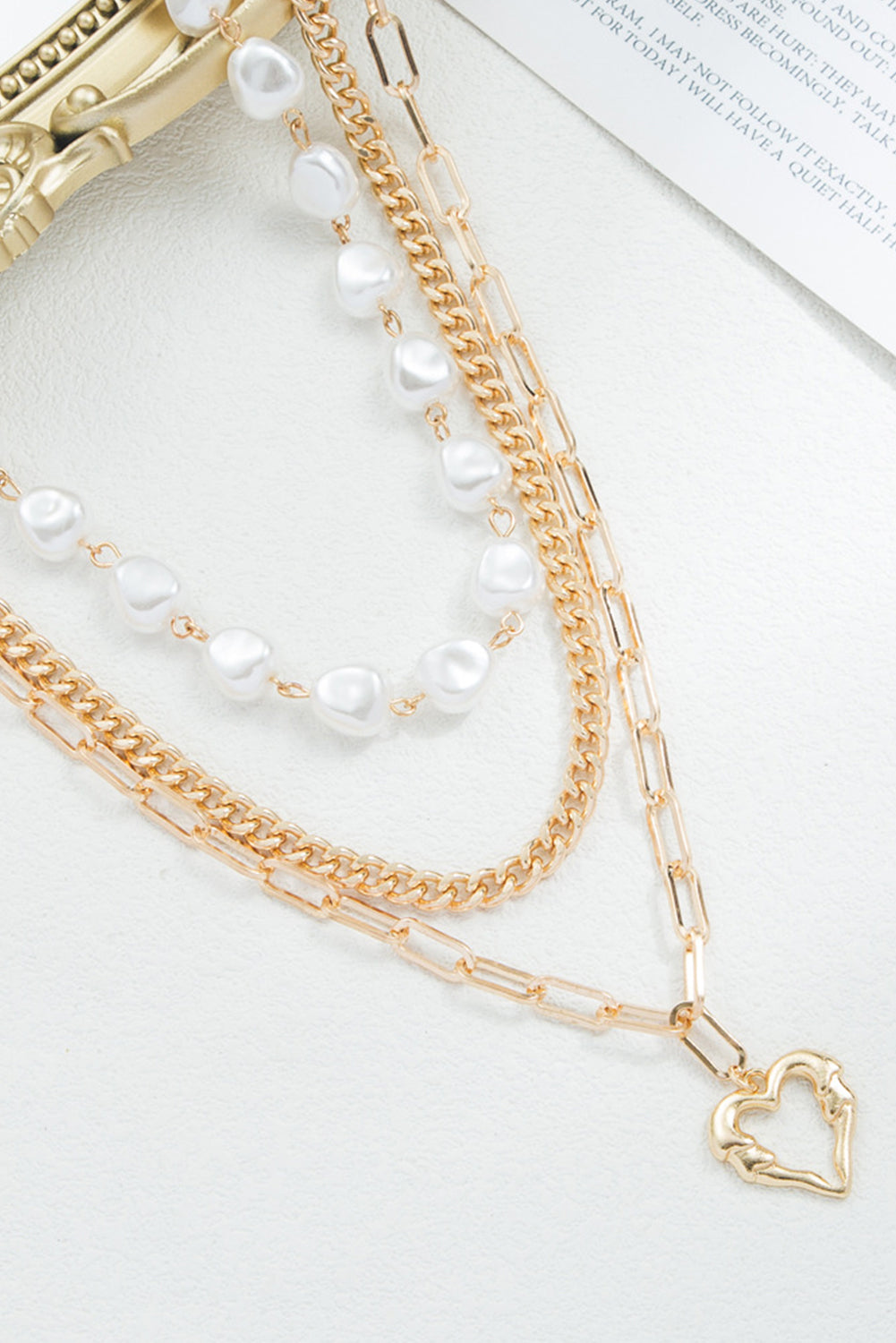 Gold Heart Pendant Pearl Chain Multi-Layered Necklace
