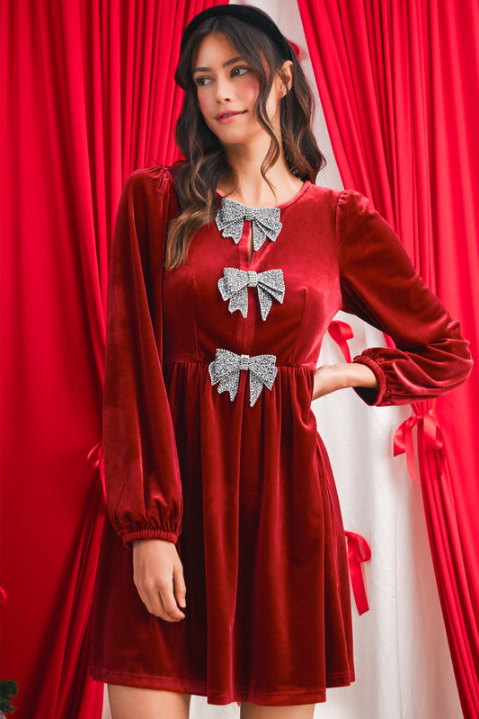Fiery Red Bowknot Decor High Waist Velvet Mini Dress