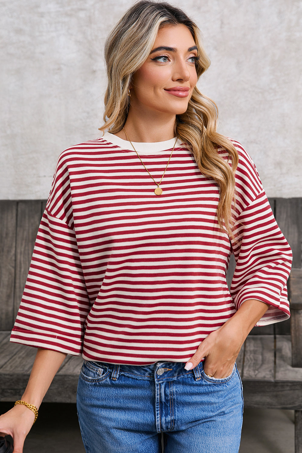 Pink Striped Bowknot Backless Drop Sleeve T-Shirt