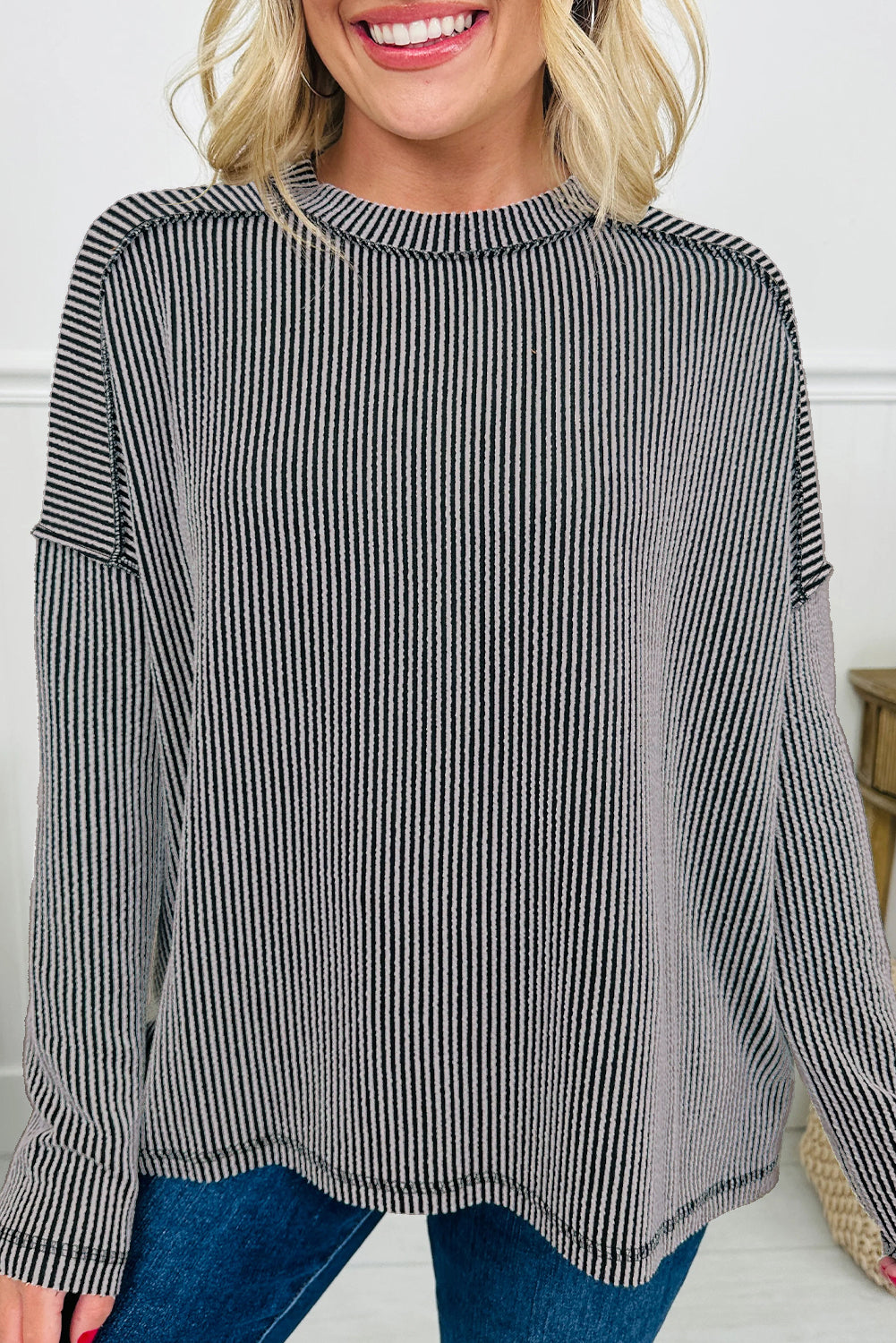 Parchment Twisted Rib Exposed Seam Detail Long Sleeve Loose Top