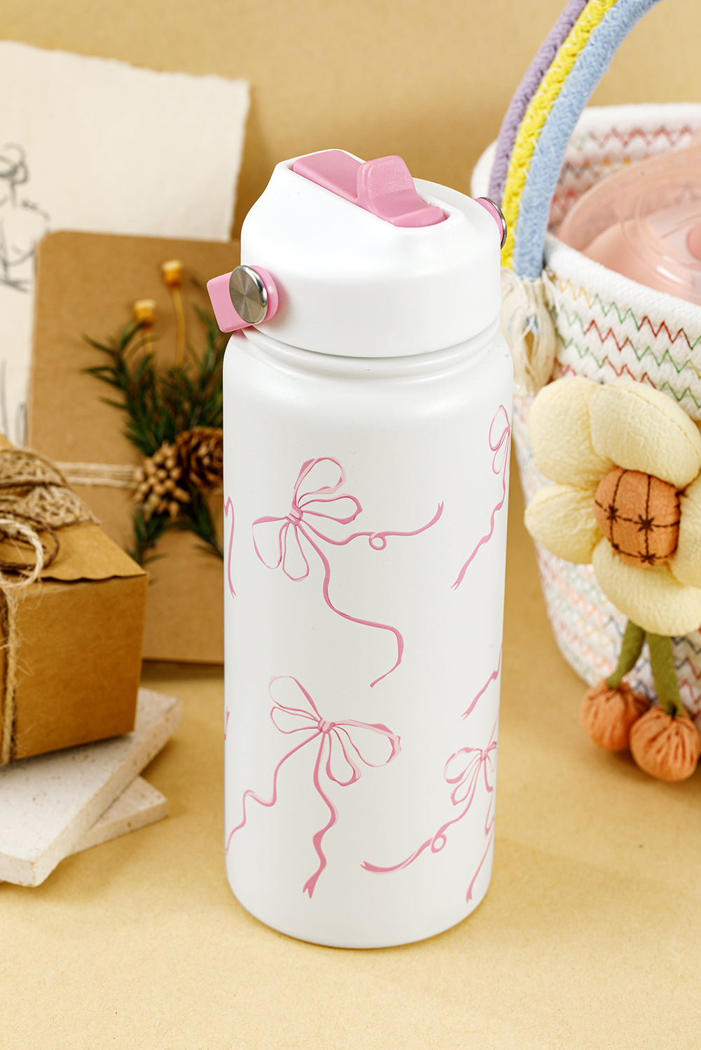 White Bowknot Print Insulated Water Bottle