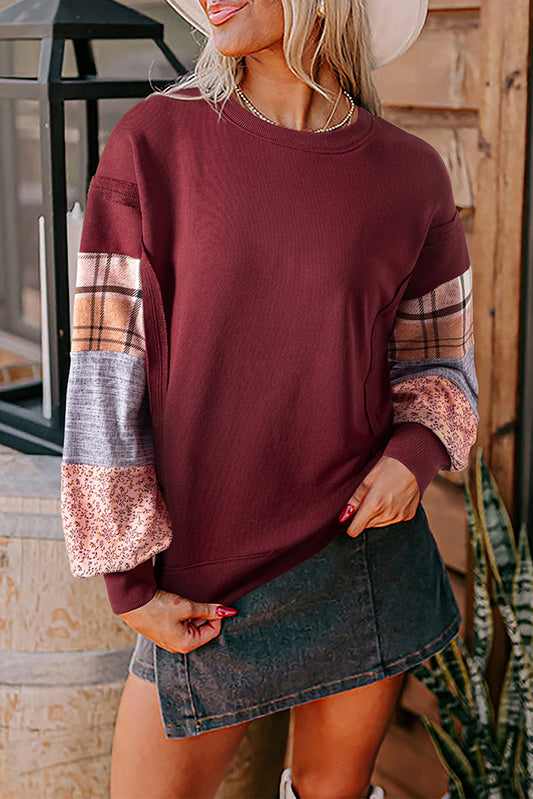 Red Sandalwood Plaid Patchwork Sleeve Raw Seam Sweatshirt