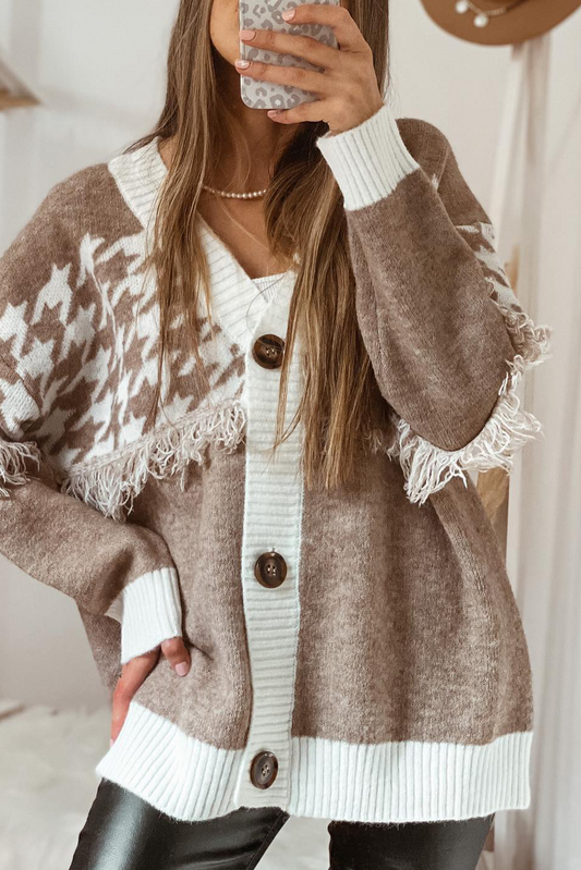 Khaki Houndstooth Colorblock V Neck Raw Edge Button Front Cardigan