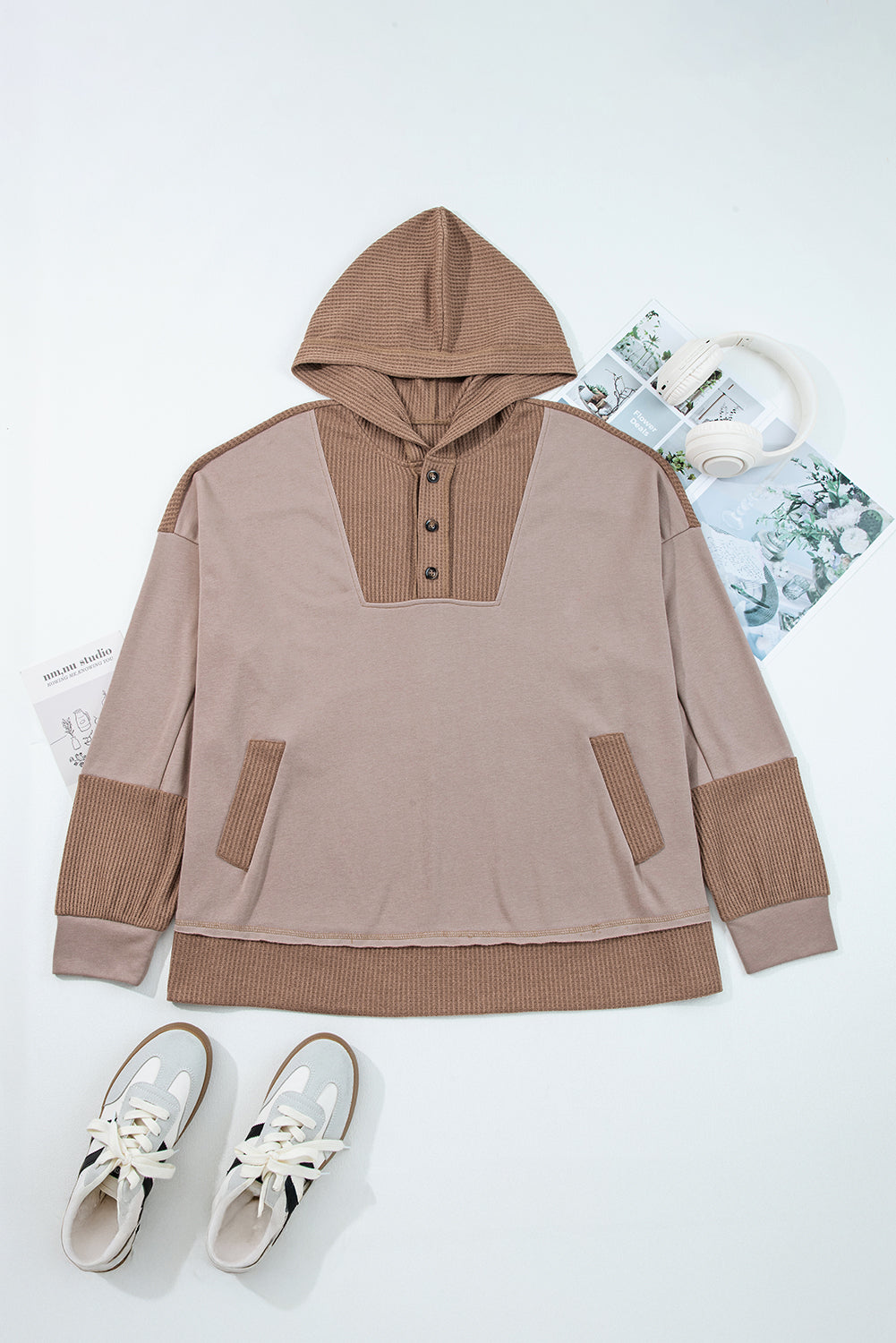 Goat Waffle Patchwork Plus Size Pocketed Hoodie