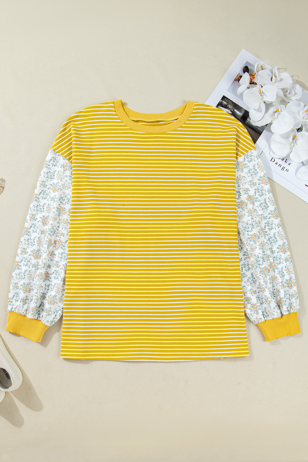 Yellow Striped Floral Patchwork Sleeve Plus Size Loose Top