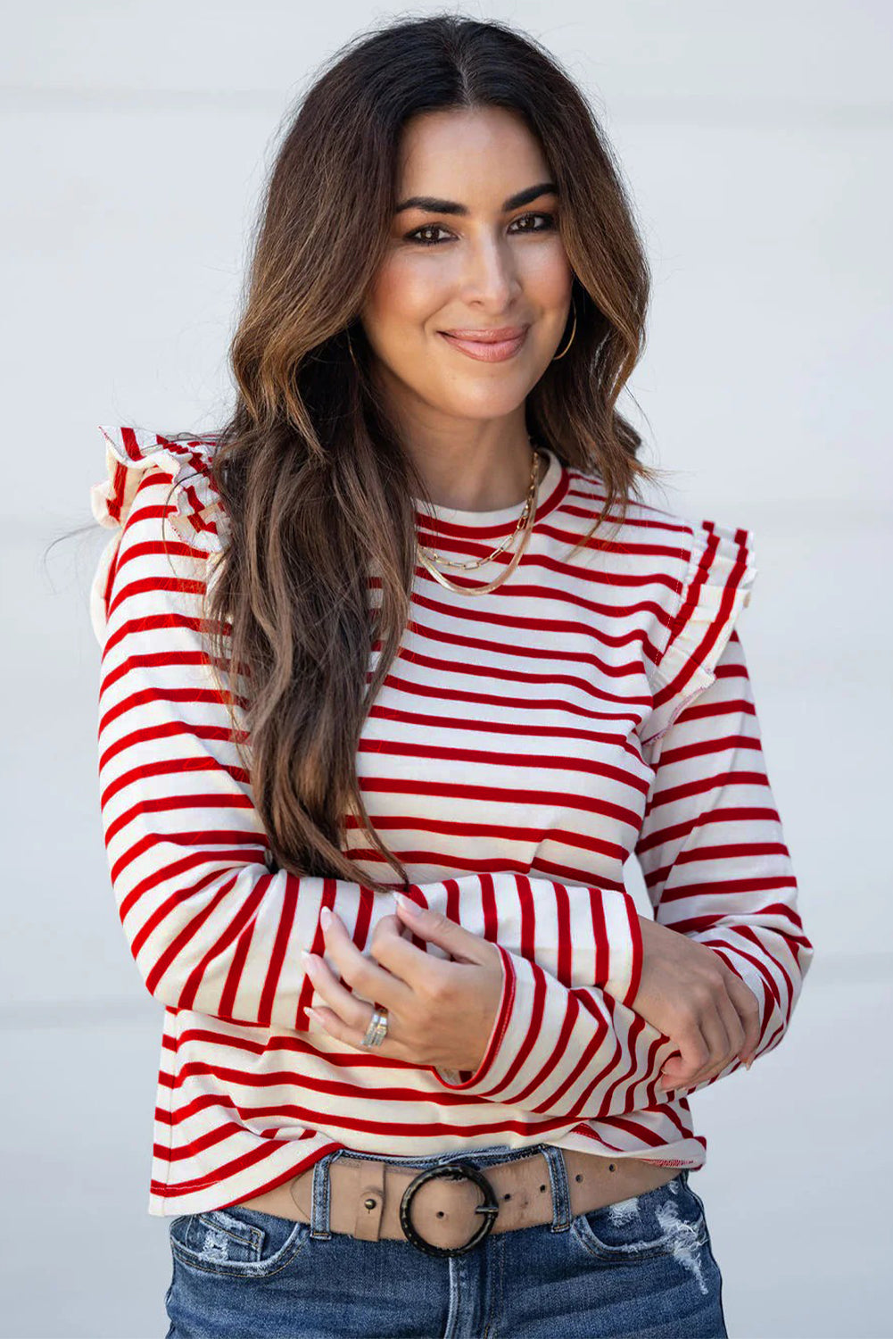 Red Striped Ruffle Shoulder Long Sleeve Top