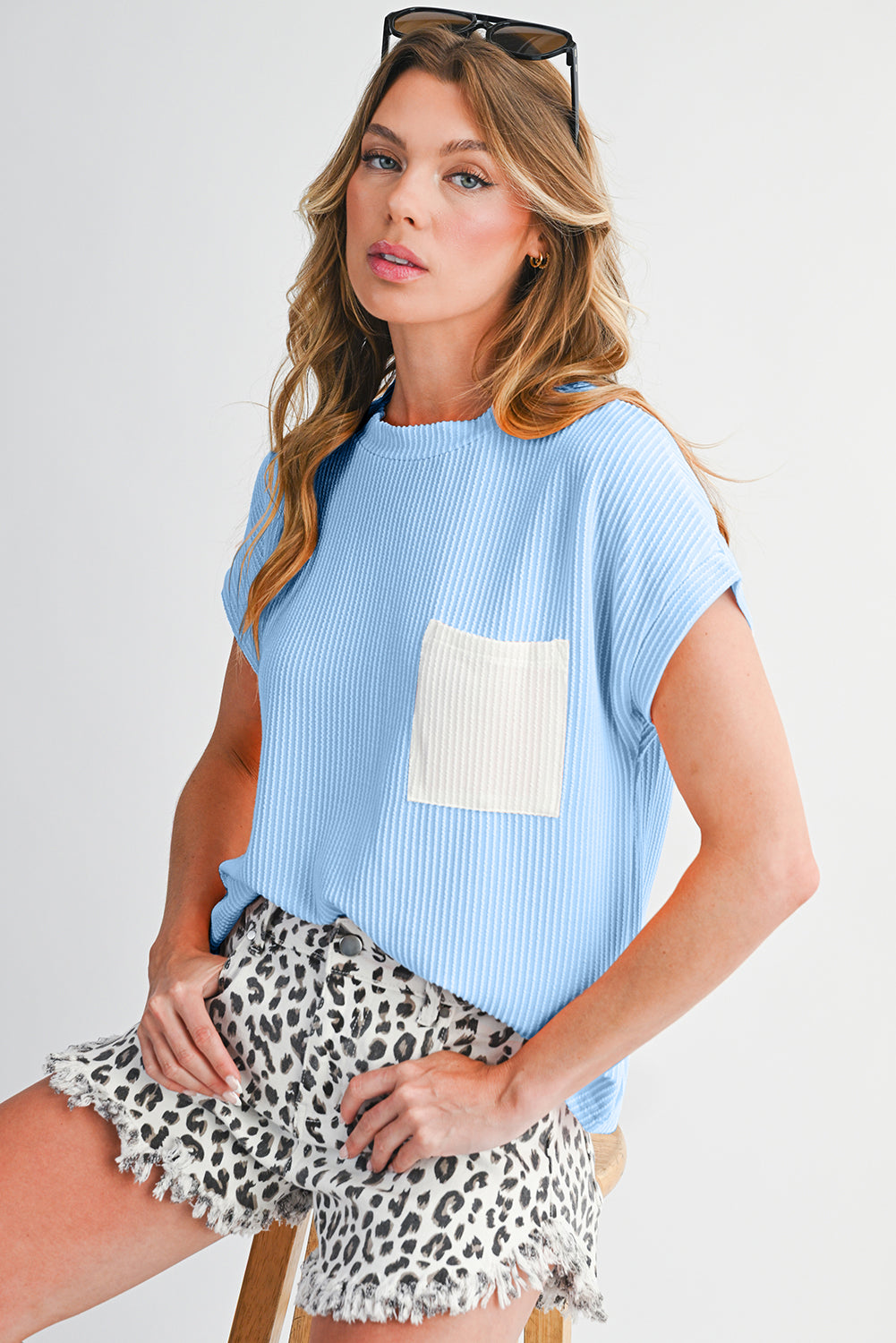 Pink Corded Colorblock Pocket Crew Neck T Shirt