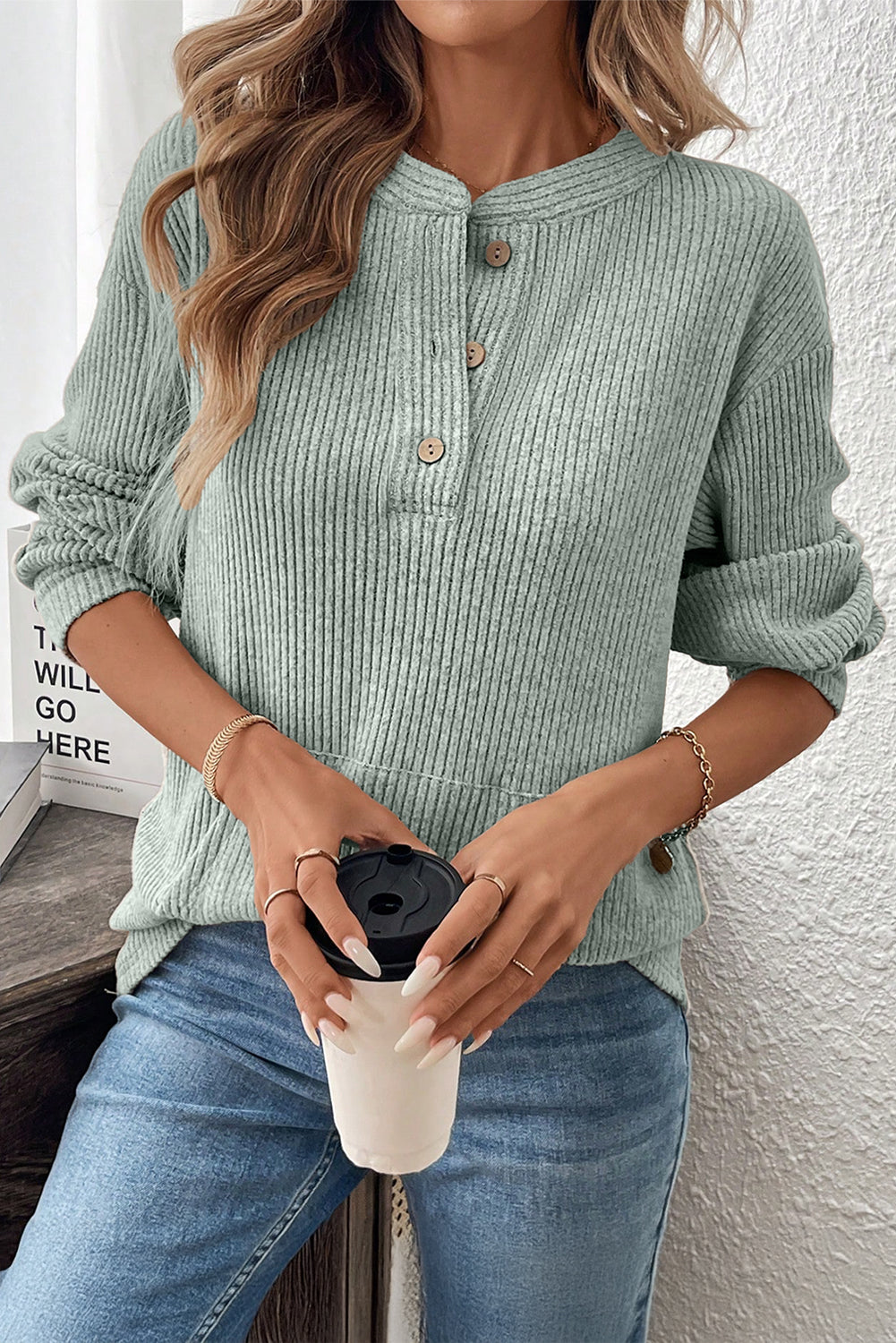 Pink Ribbed Texture Drop Shoulder Henley Knit Top