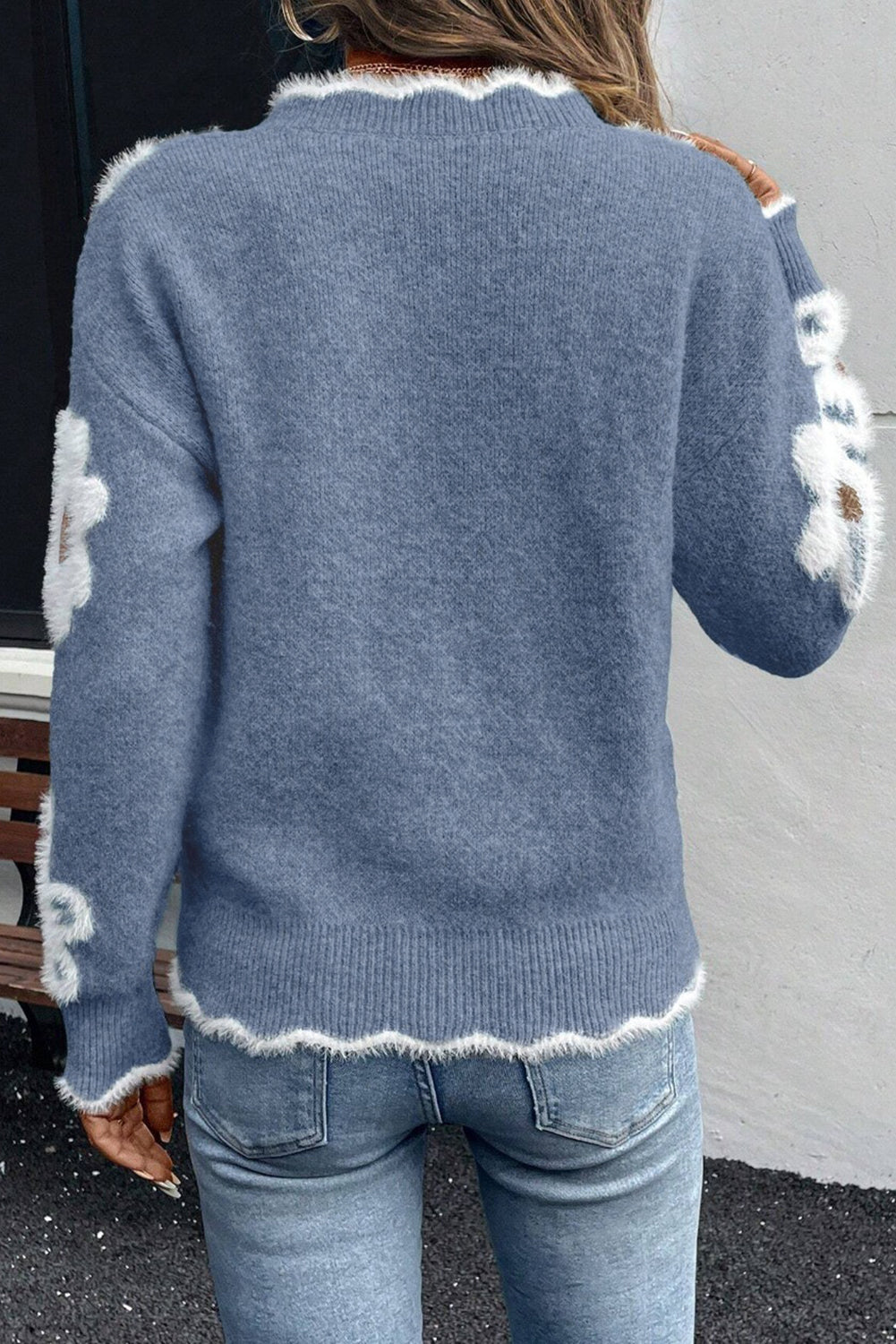 Dusk Blue Jacquard Floral Scallop V-neck Sweater