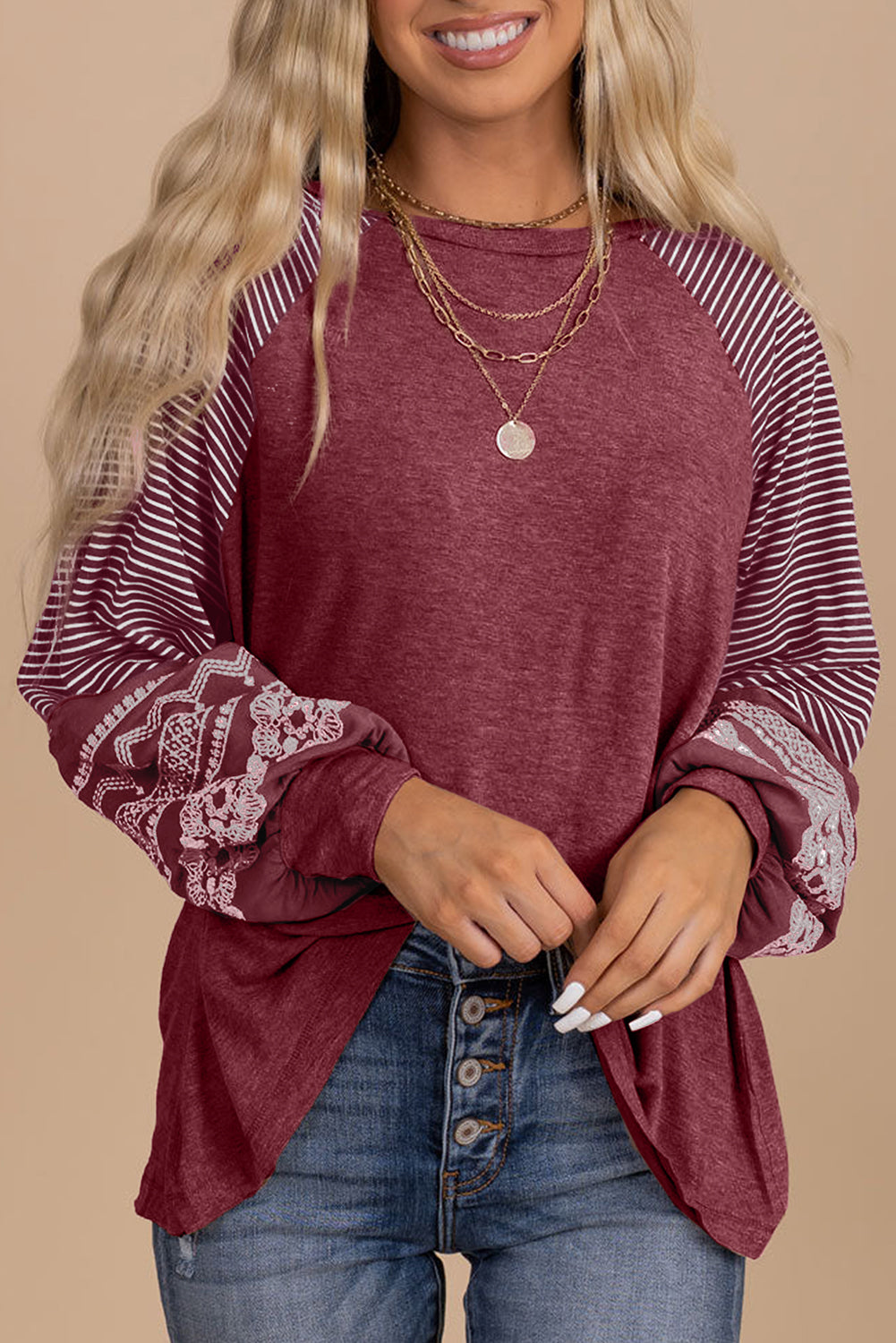 Mineral Red Contrast Print Striped Raglan Long Sleeve Loose Top