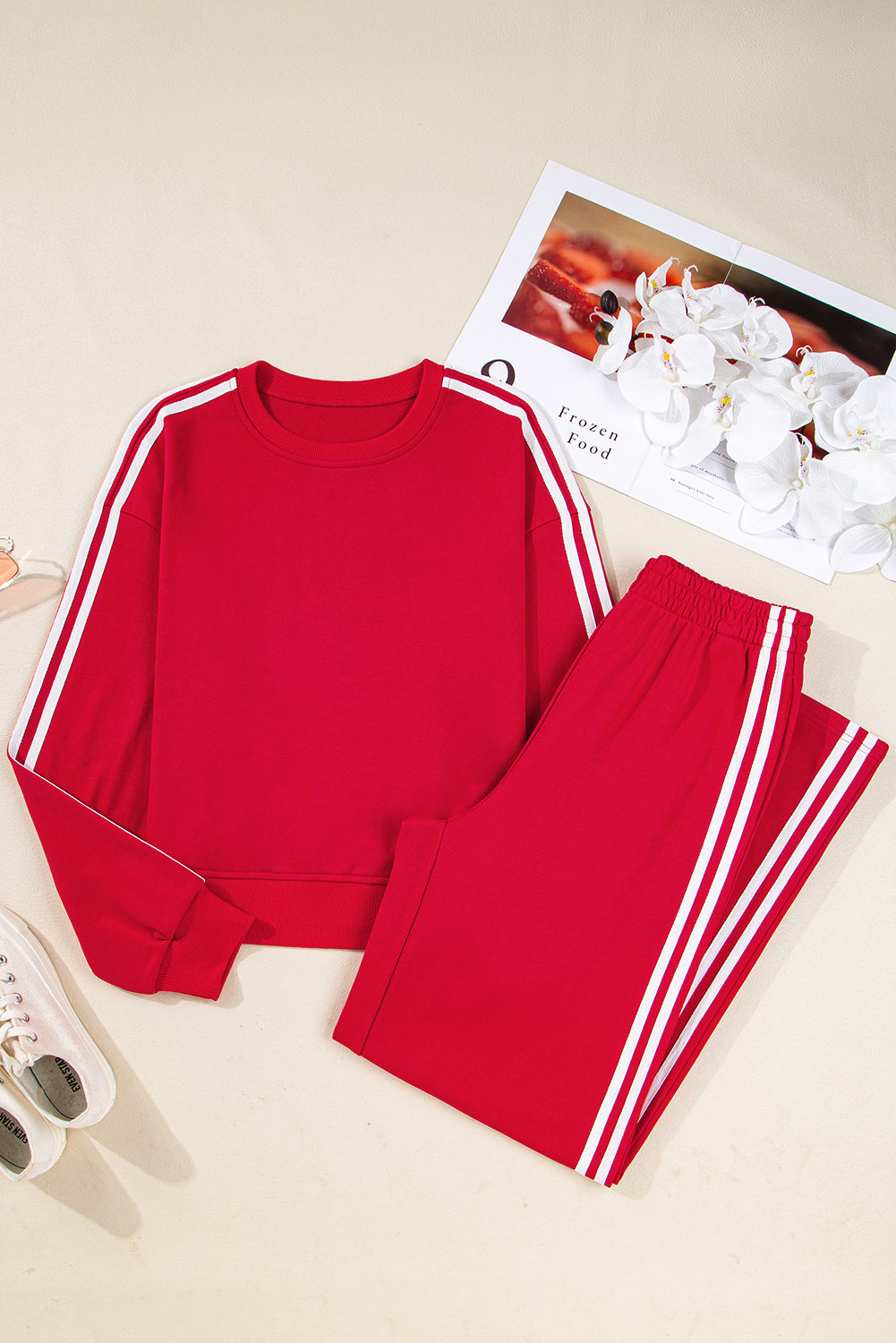 Fiery Red Varsity Striped Detail Cropped Pullover Wide Leg Pants 2pcs Outfit