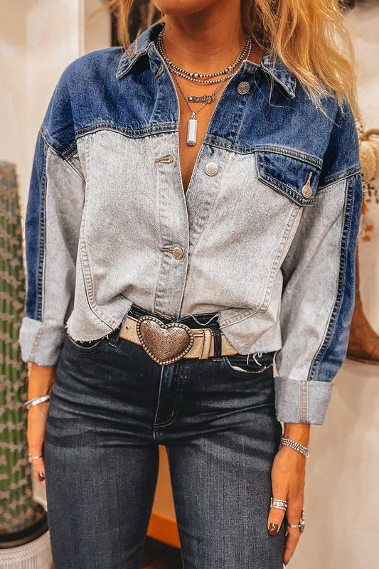 Dusk Blue Patchwork Flap Detail Distress Denim Jacket
