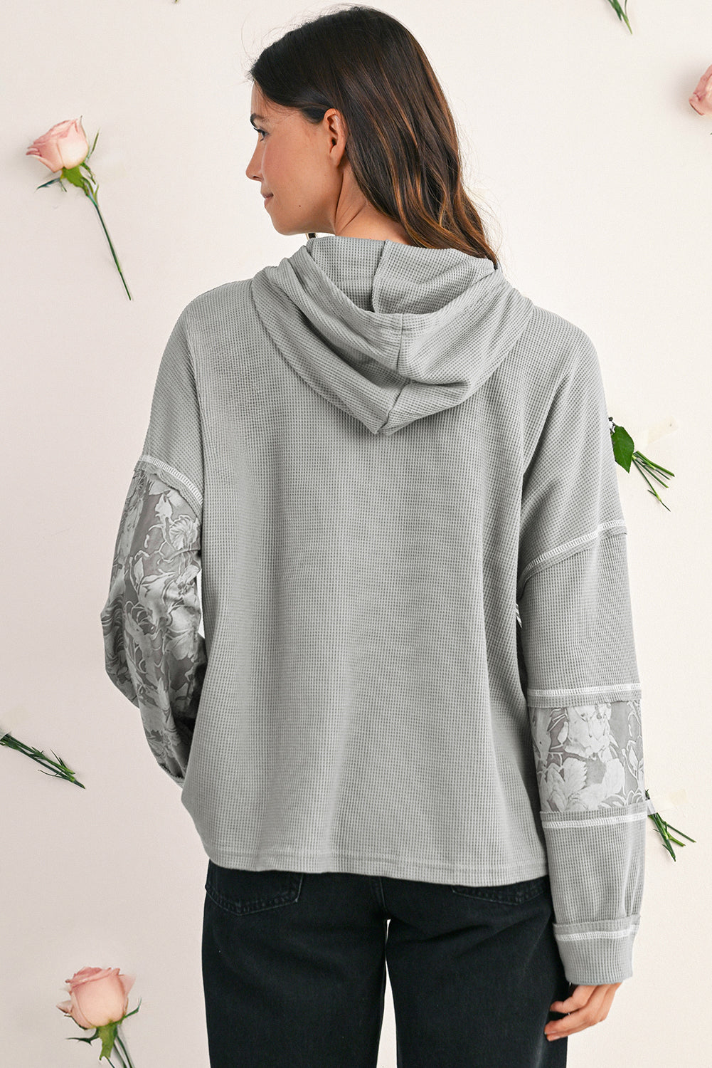Gray Waffle Patchwork Drawstring Hooded Long Sleeve Top