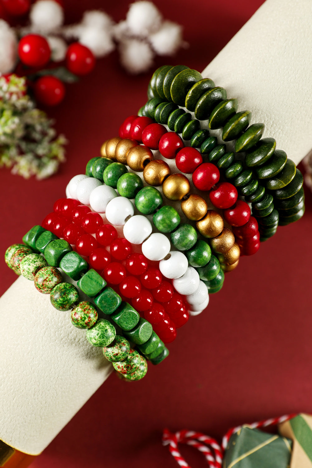 Fiery Red Christmas 10pcs Beaded Stackable Bracelet Set