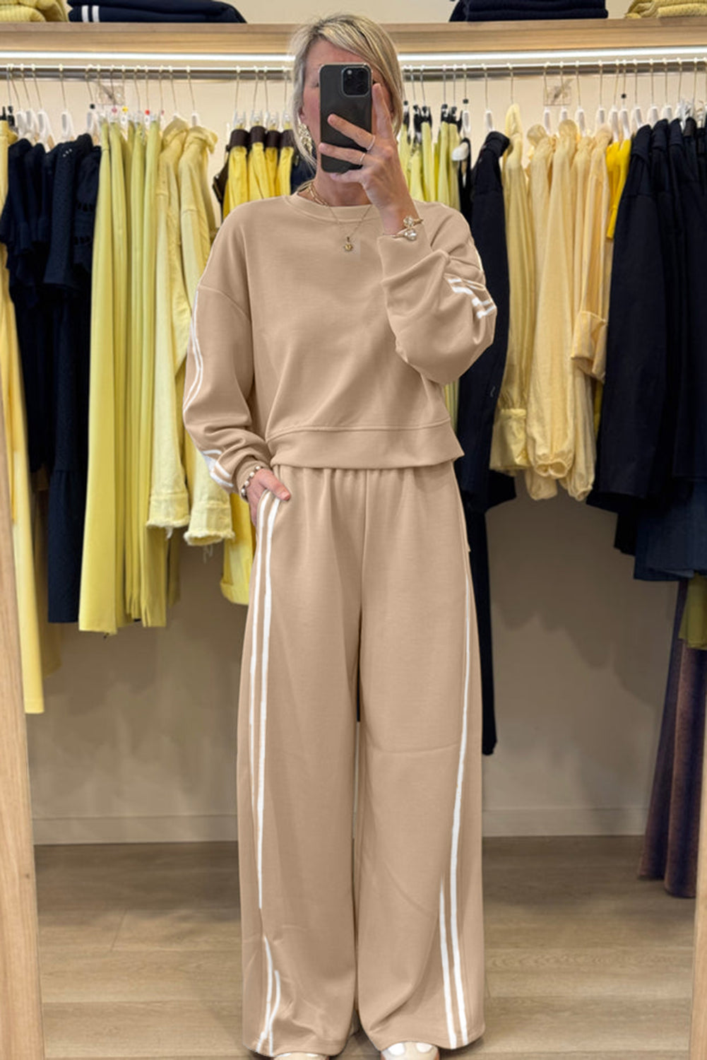 Fiery Red Varsity Striped Detail Cropped Pullover Wide Leg Pants 2pcs Outfit