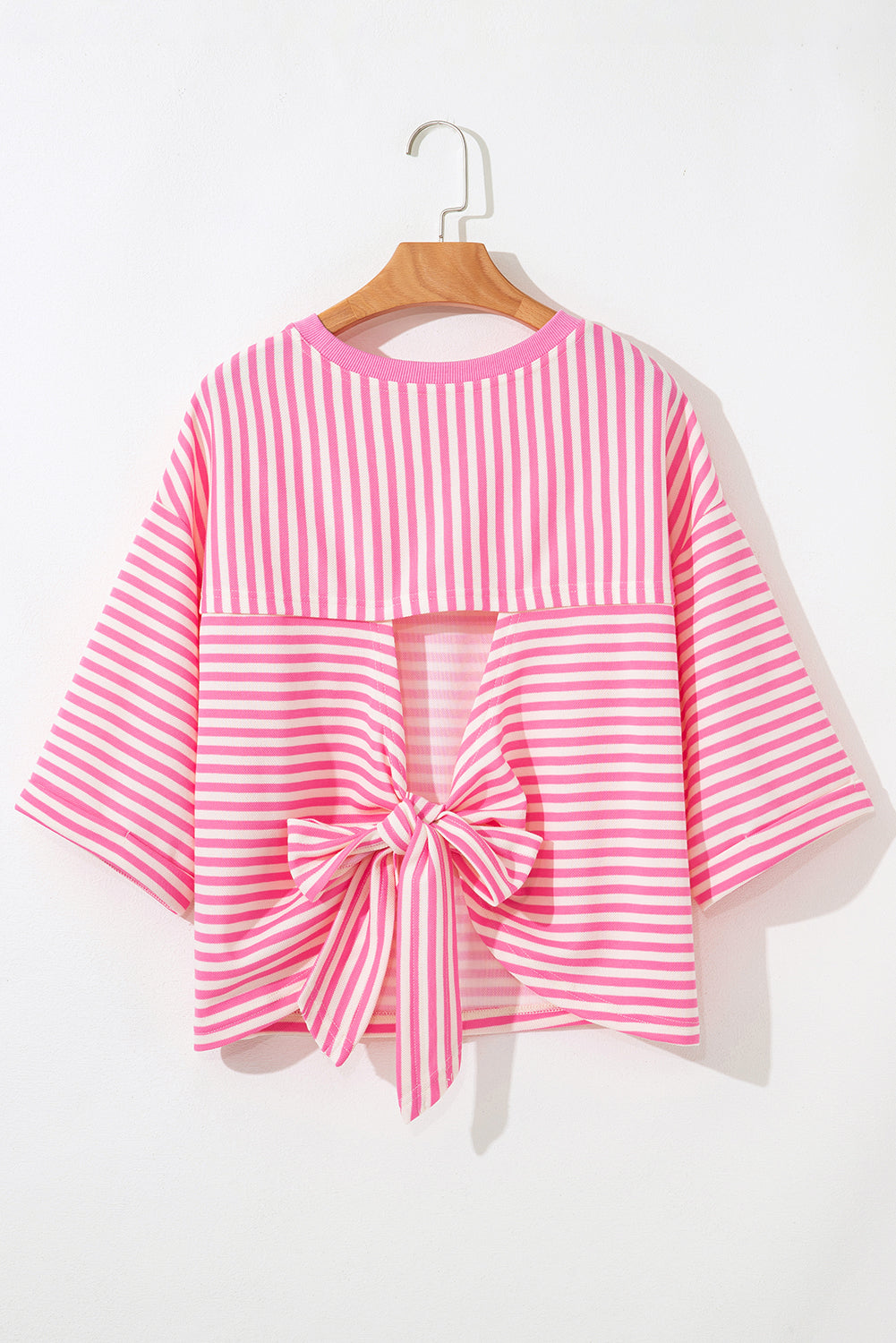 Pink Striped Bowknot Backless Drop Sleeve T-Shirt