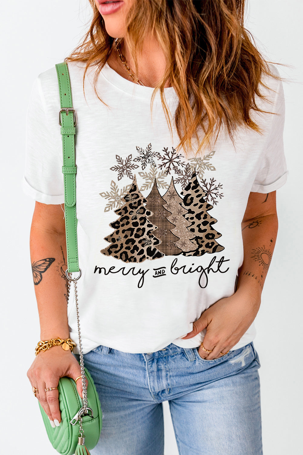 White Leopard Christmas Tree Heat Transfer Printing Crew Neck Graphic Tee