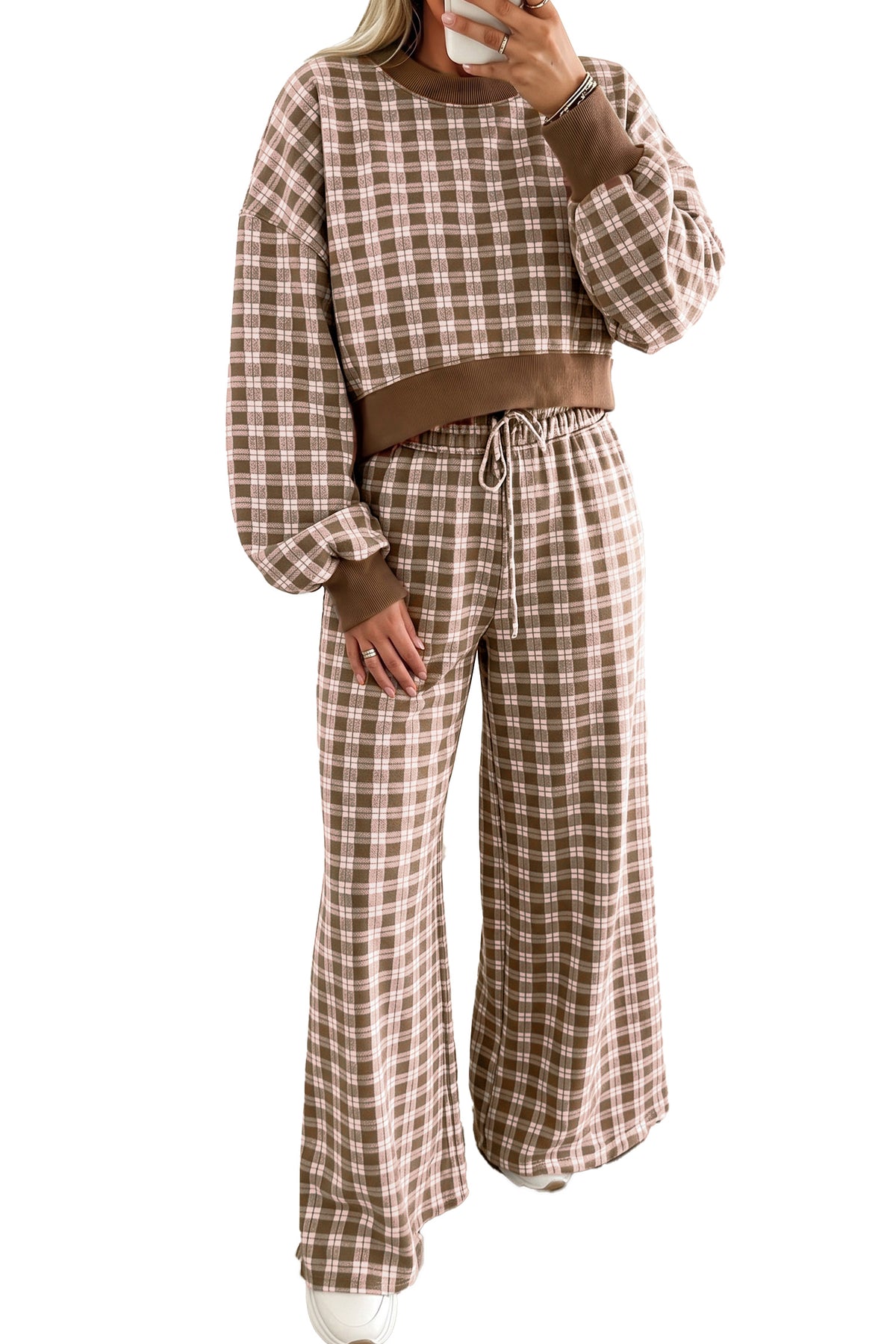 Pink Plaid Long Sleeve Drop Shoulder Top Ribbed Color Block Trim Two Piece Pant Set