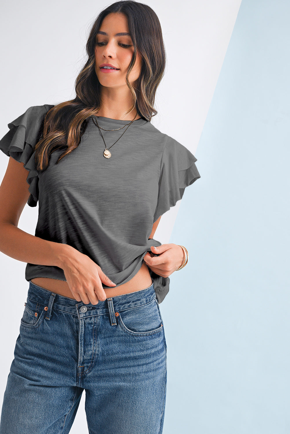 Dark Grey Ruffle Sleeve Plain Blouse