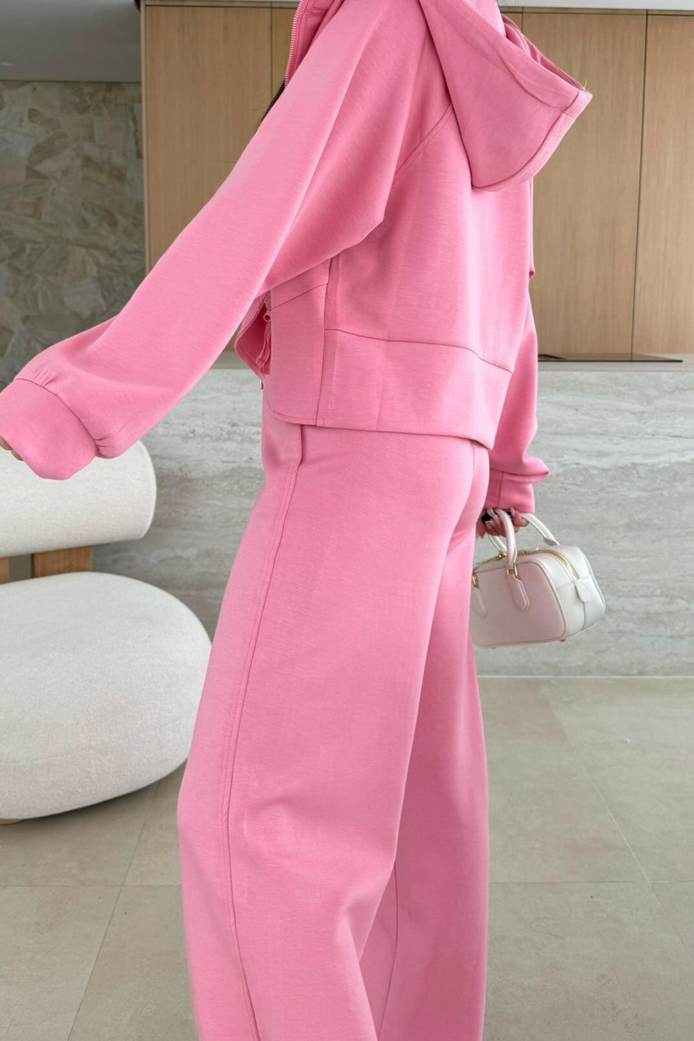 Pink Solid Color Zip Up Hoodie Drawstring Loose Pants Set