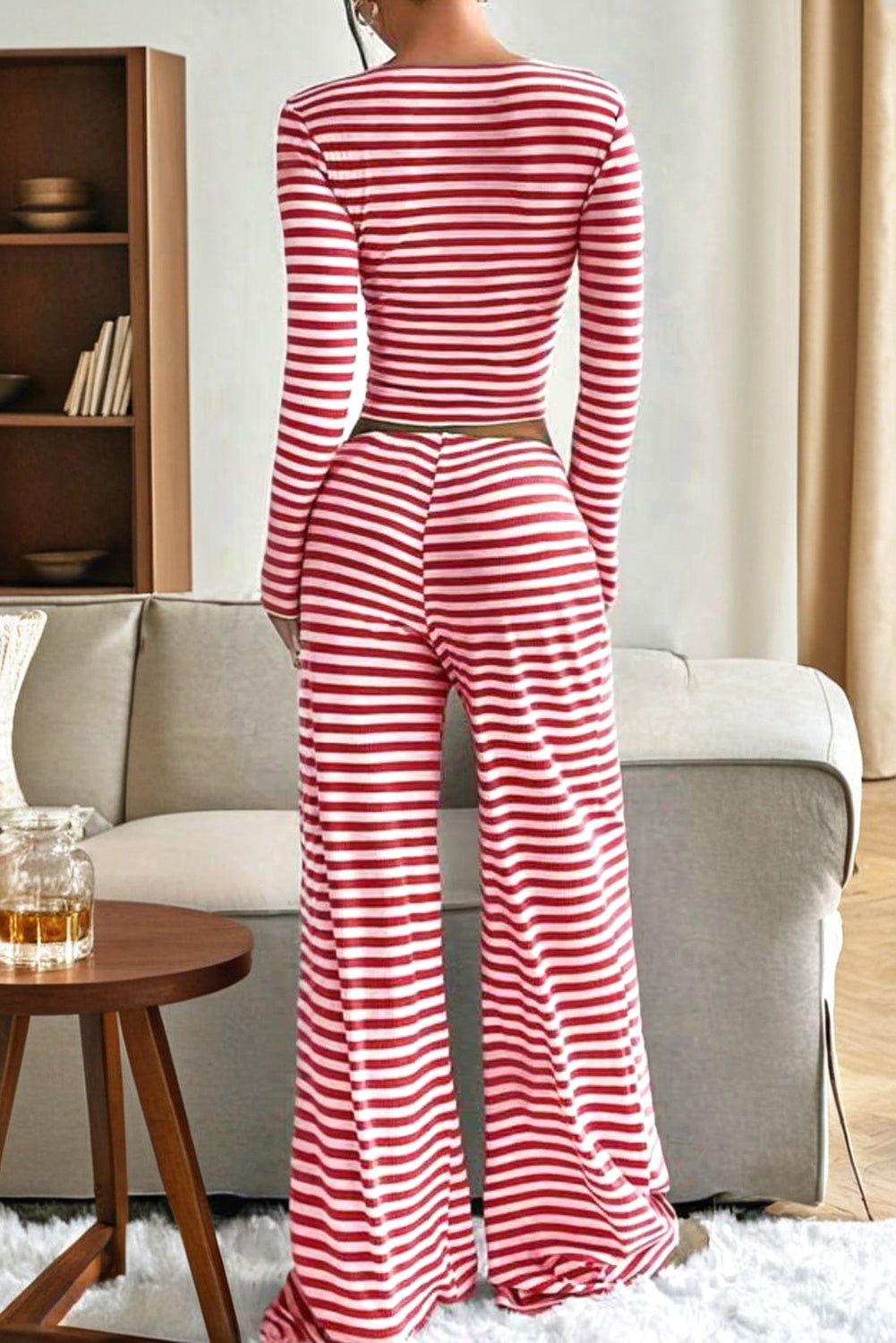 Fiery Red Striped Crop Top and Drawstring Waist Pants Casual Set