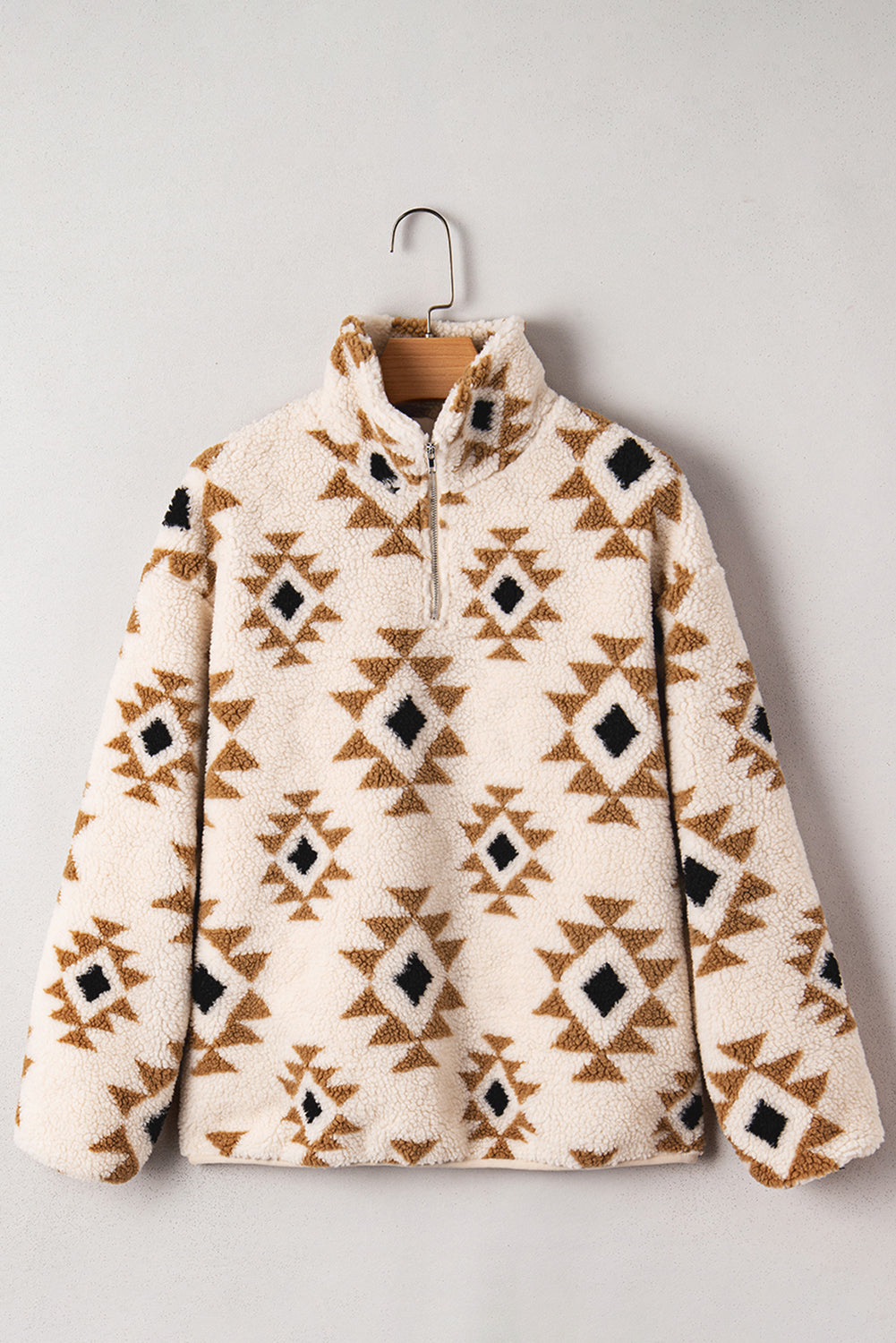 Khaki Geometric Print Sherpa Quarter Zip Collar Sweatshirt
