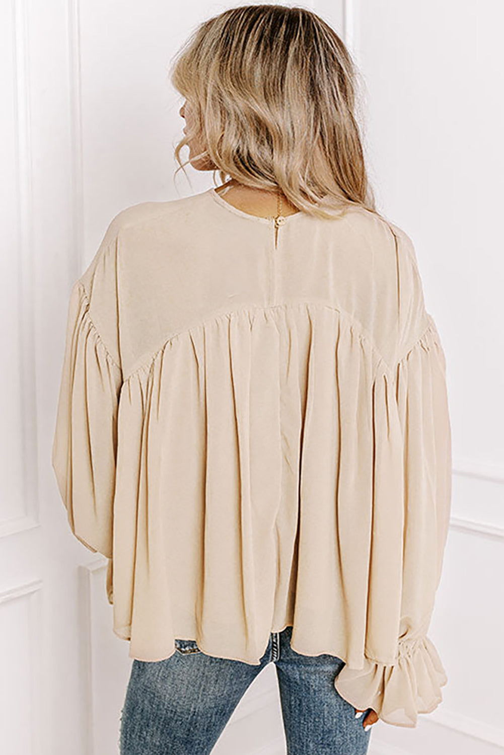 Parchment Pleated Ruffle Long Sleeve Chiffon Blouse