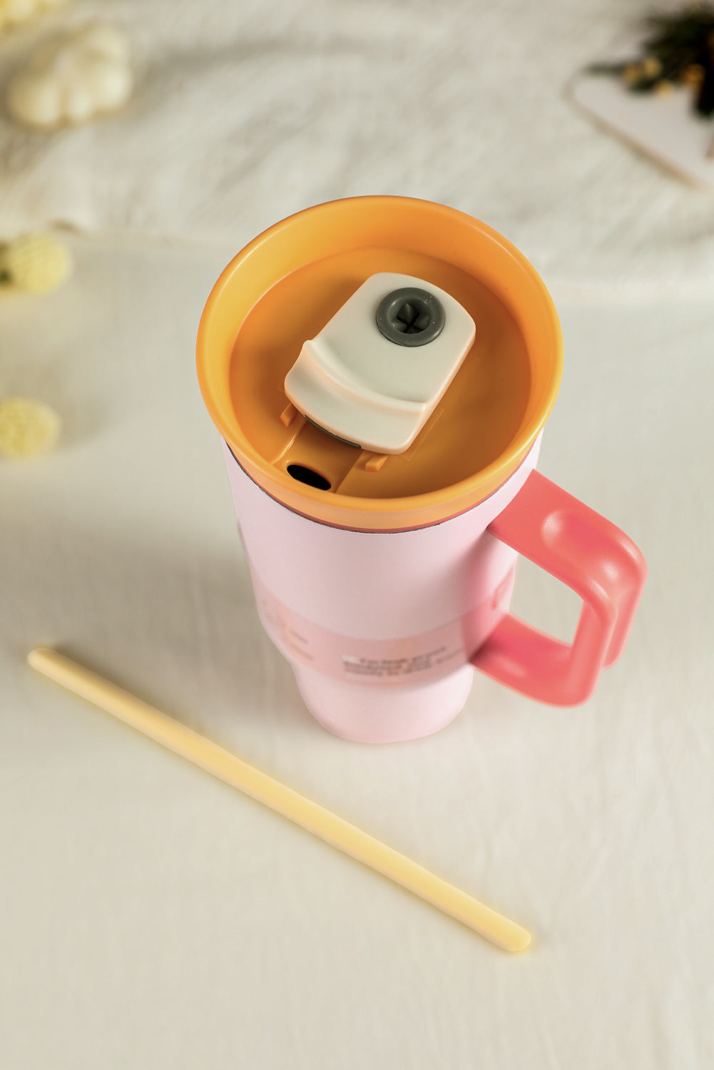 Light Pink Colorblock Handle Lid Stainless Steel Insulation Tumbler with Straw