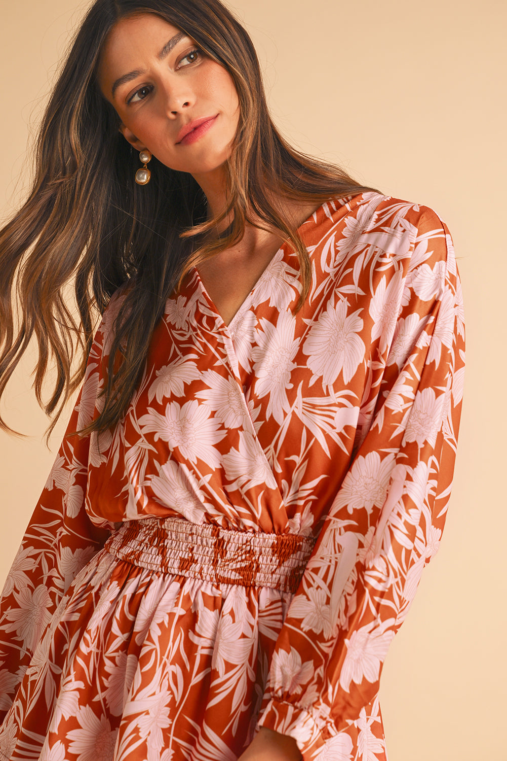 Brown Floral Puff Sleeve Shirred Waist Layered Dress