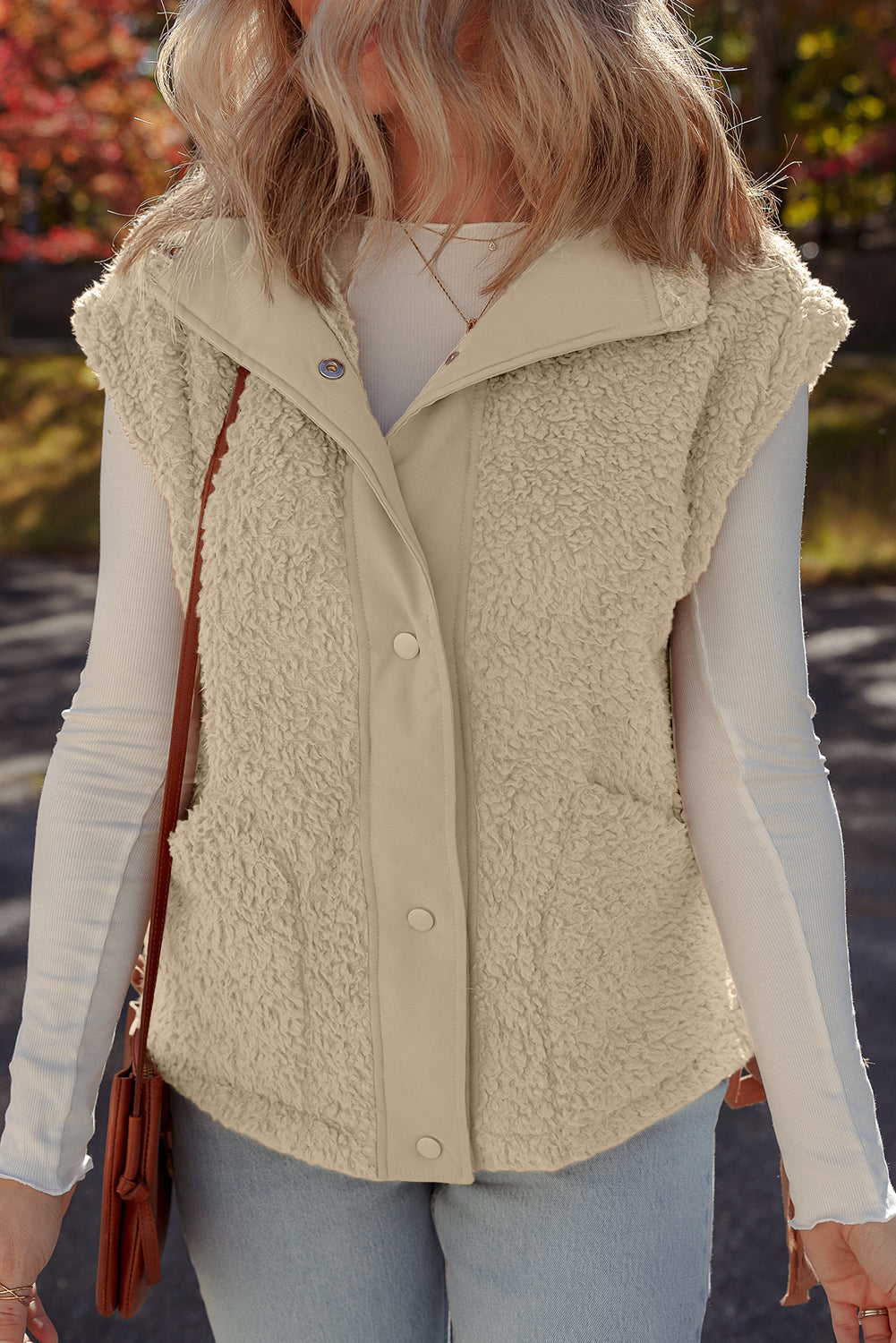 Cinnamon Faux Fur Snap Button Front Knot Side Plush Vest