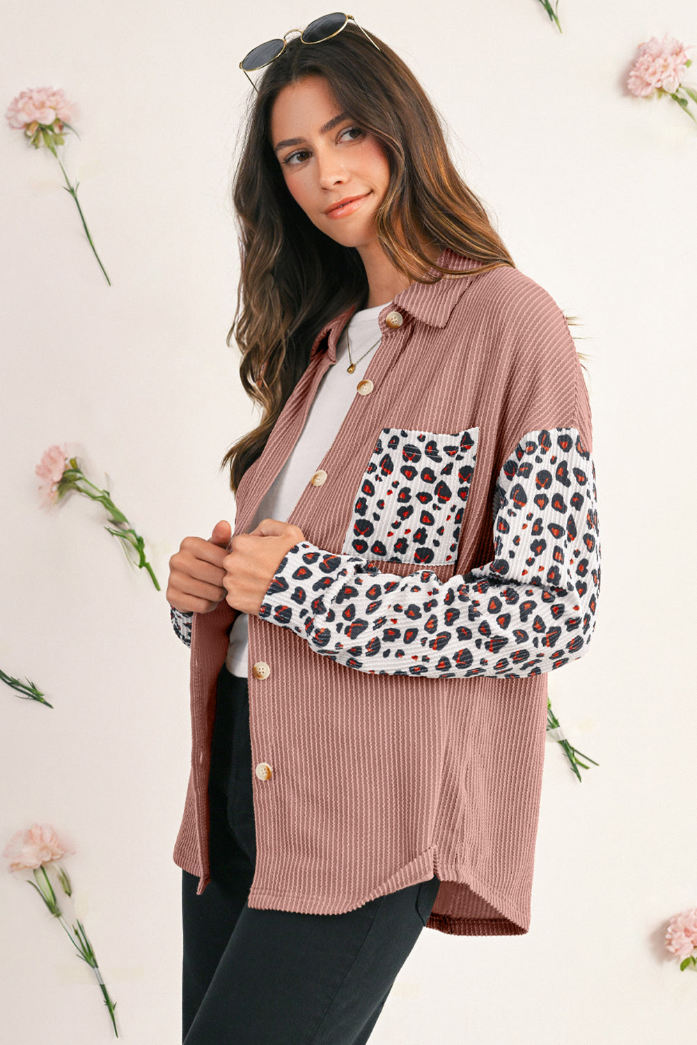 Dark Khaki Leopard Patchwork Twisted Ribbed Casual Shacket