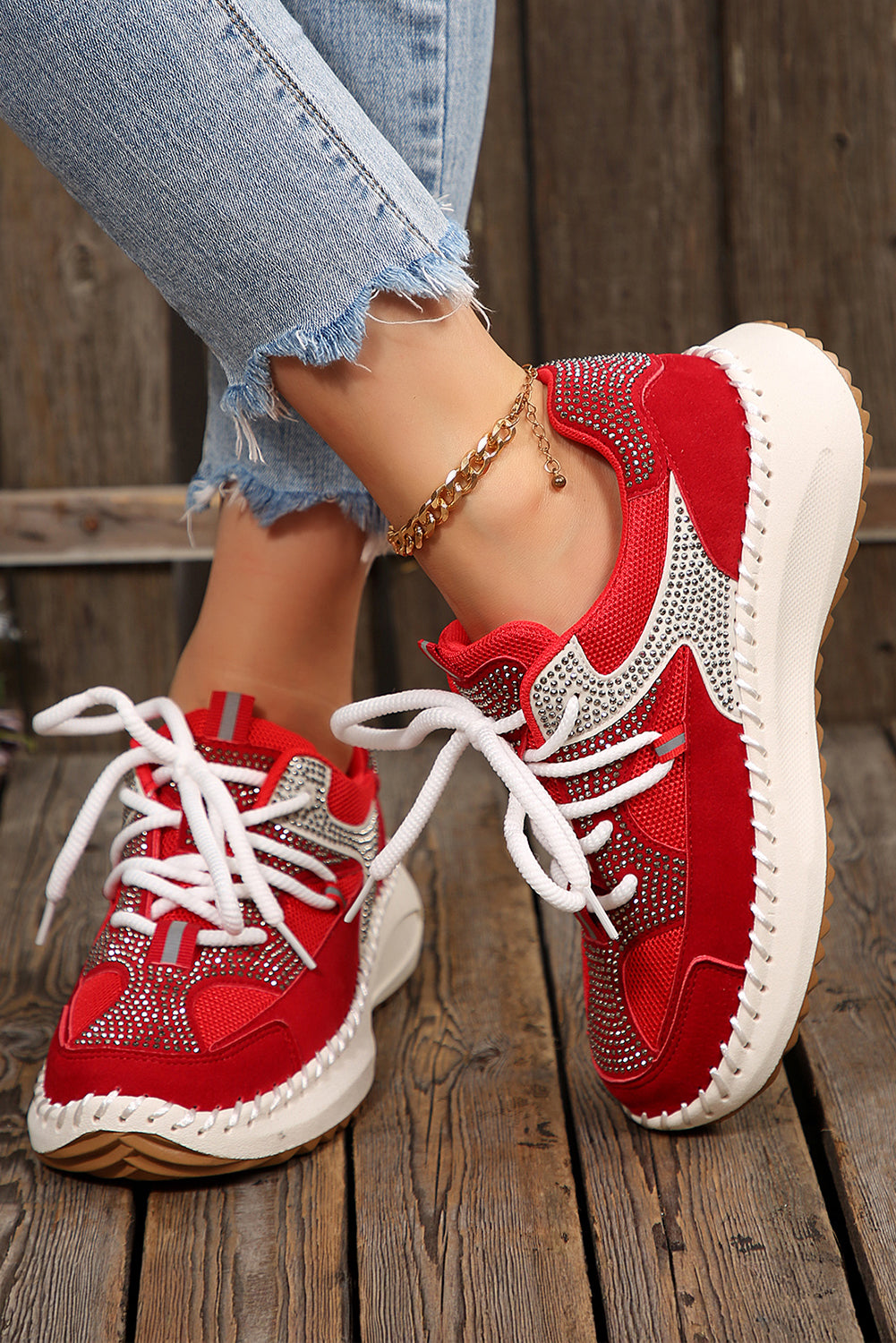 Fiery Red Rhinestone PU Leather Platform Casual Sneakers