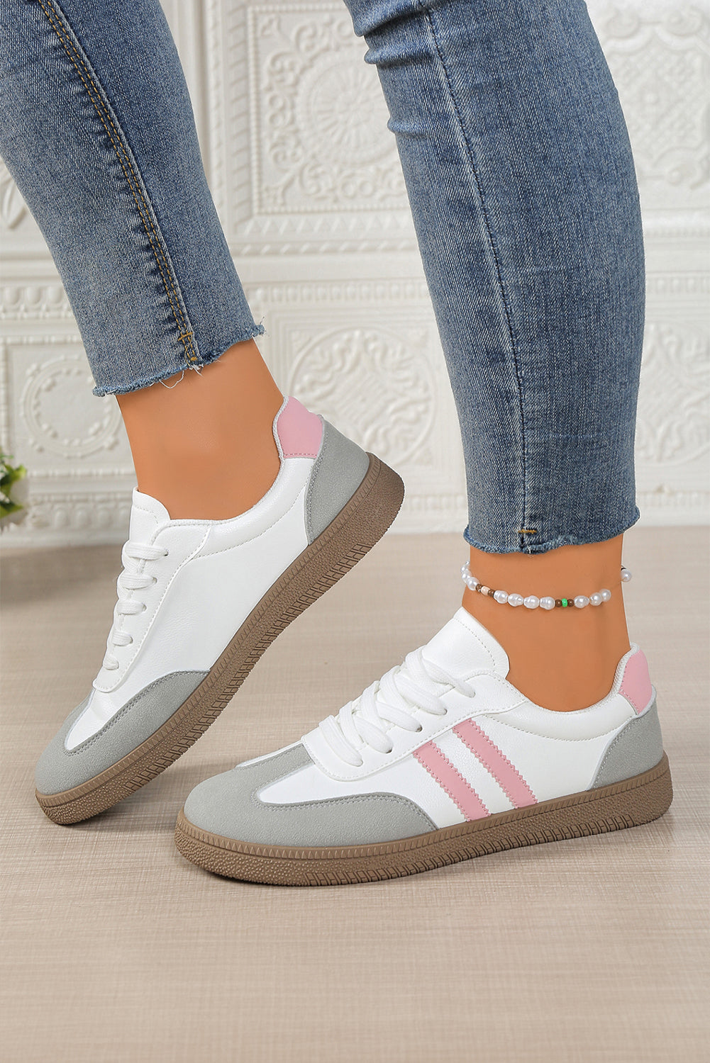 Rose Red Color Block Lace Up Sneakers