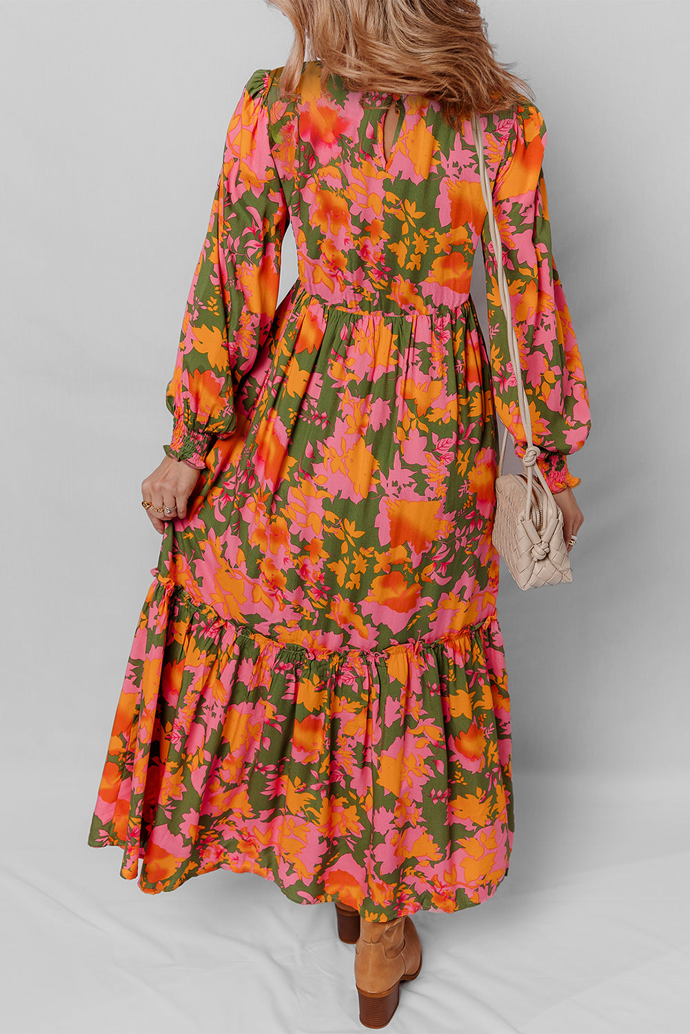 Orange Floral Puff Sleeve Smocked Bodice Frill Tiered Dress