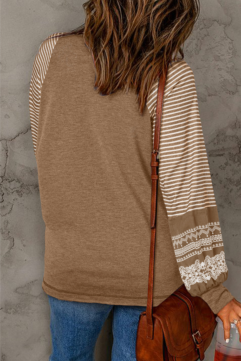 Mineral Red Contrast Print Striped Raglan Long Sleeve Loose Top