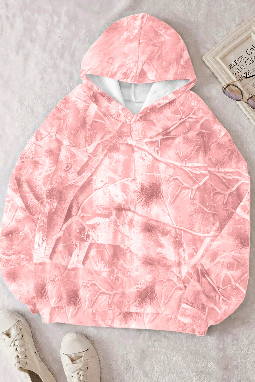 Light Pink Camouflage Plant Print Kangaroo Pocket Oversized Hoodie