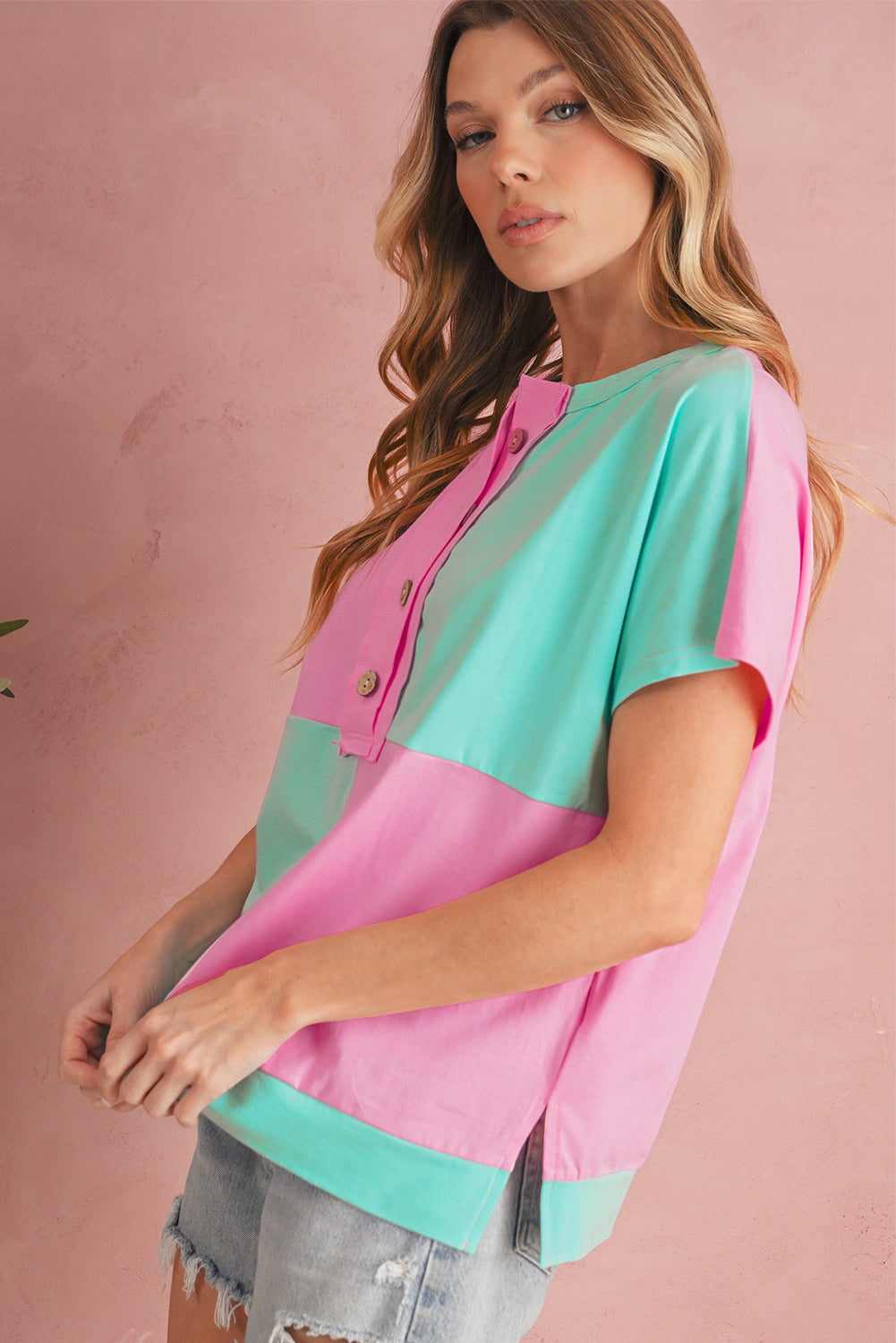 Pink Colorblock Half Buttons Henley T Shirt