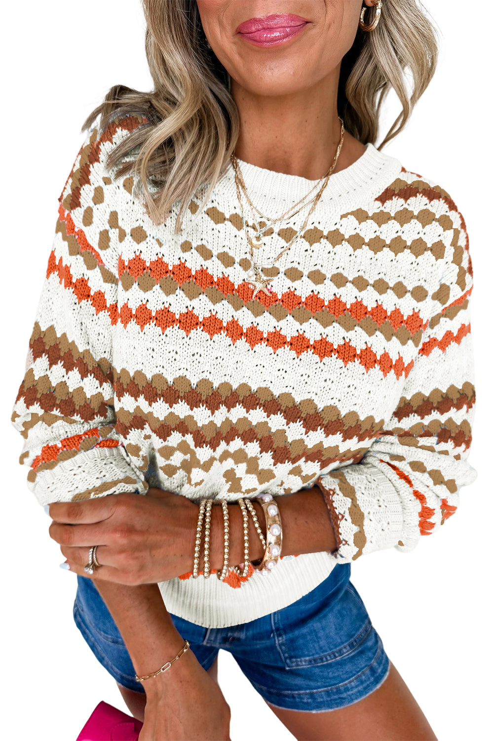 Brown Striped Eyelet Pattern Drop Shoulder Sweater