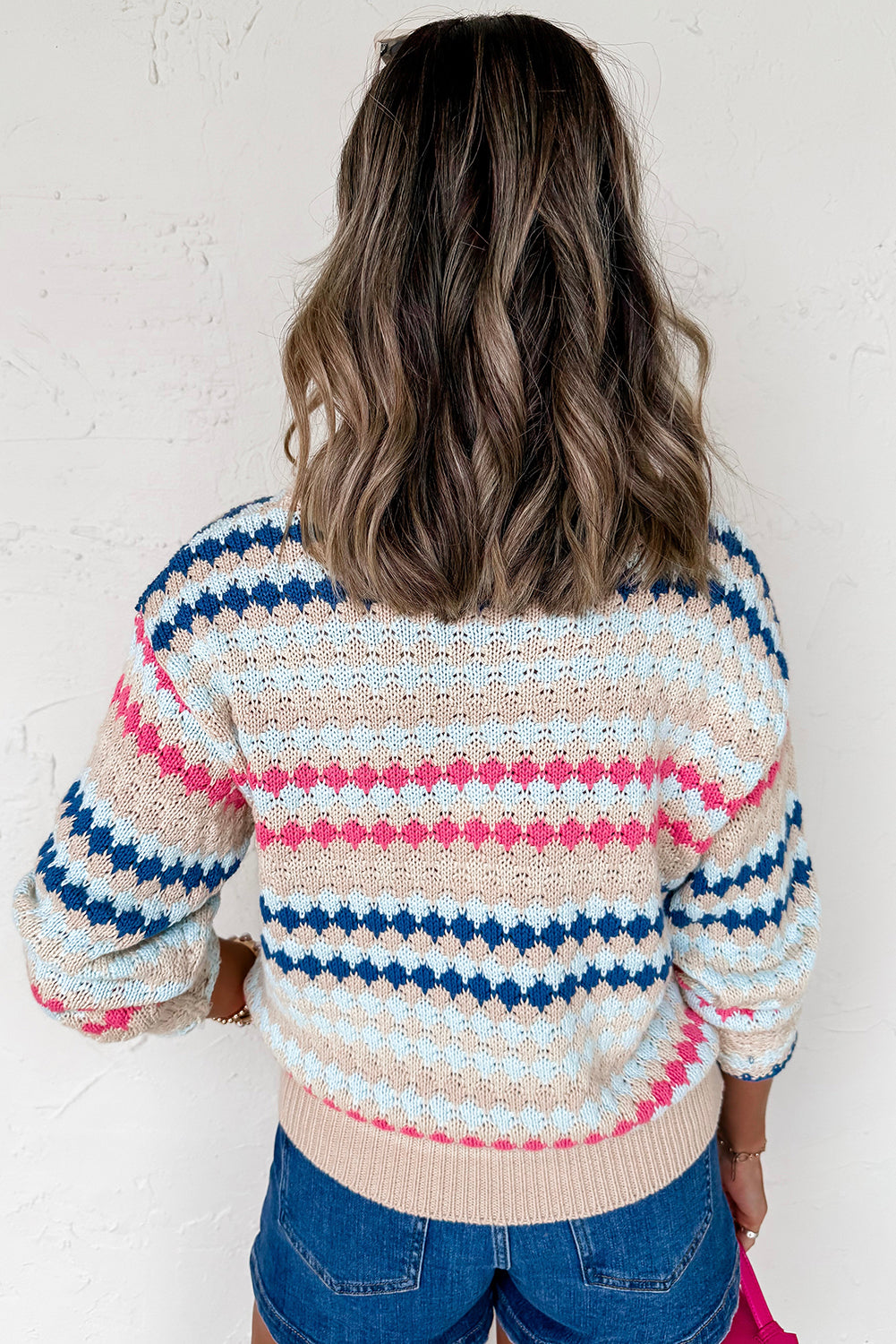 Brown Striped Eyelet Pattern Drop Shoulder Sweater