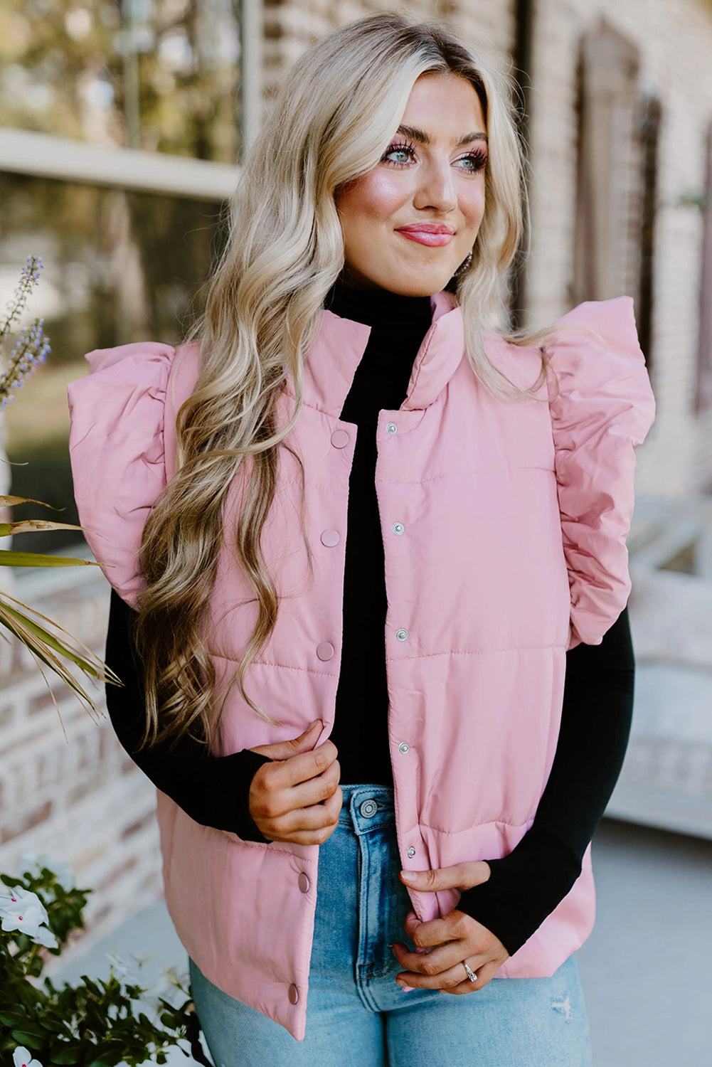 Pink Stand Neck Flutter Sleeve Snap Button Puffer Vest