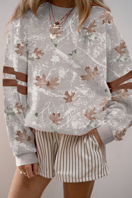 Gray Maple Leaf Camo Print Varsity Striped Sleeve Casual Sweatshirt