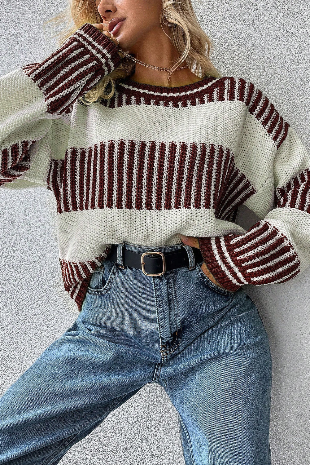 Khaki Two Tone Striped Patchwork Drop Shoulder Sweater