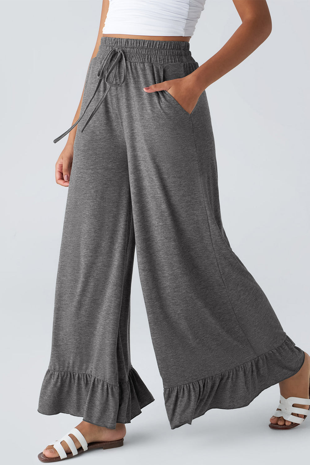 Dune Solid Color Ruffle Hem Wide Leg Pants