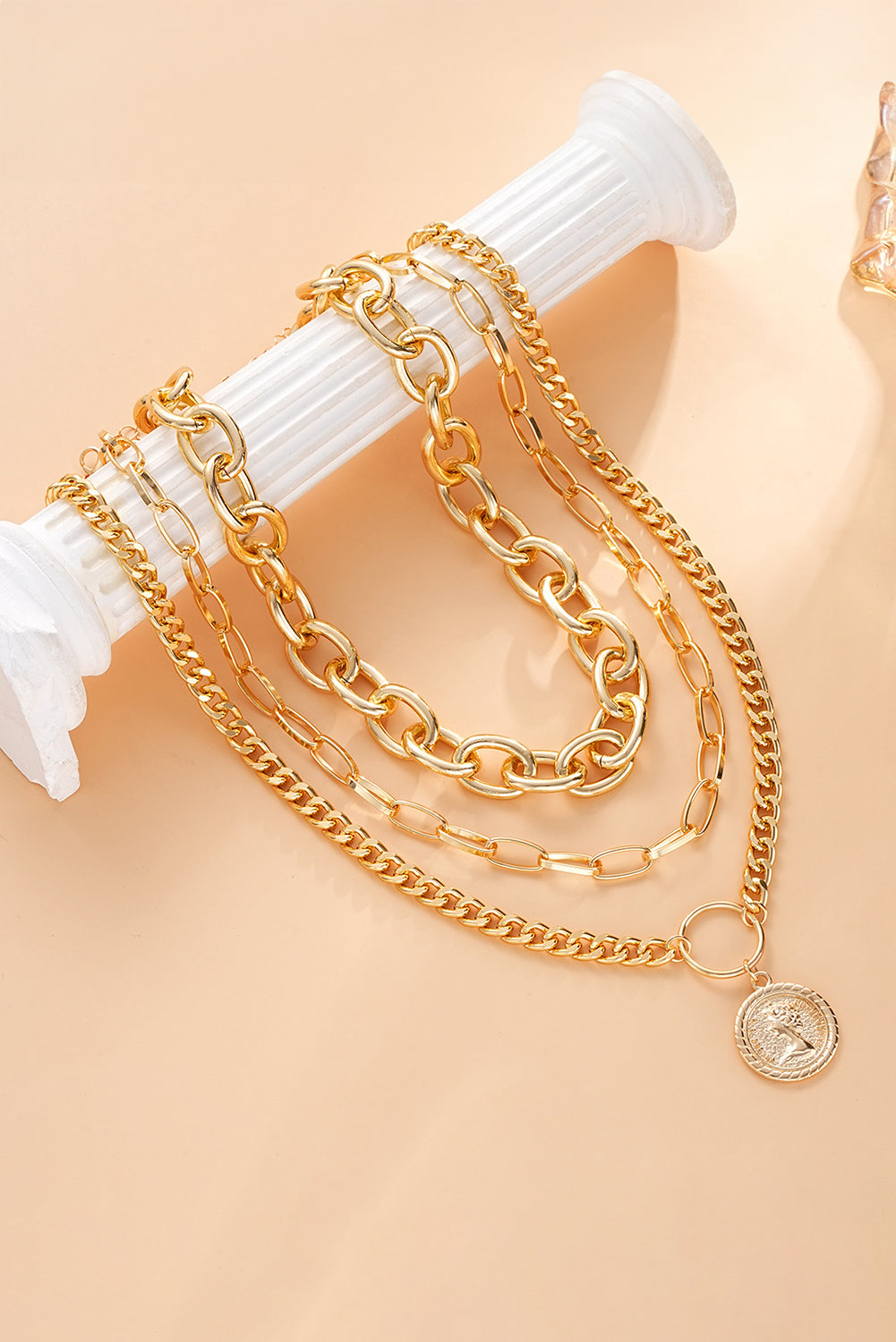 Gold 3pcs Coin Pendant Chain Alloy Necklace Set