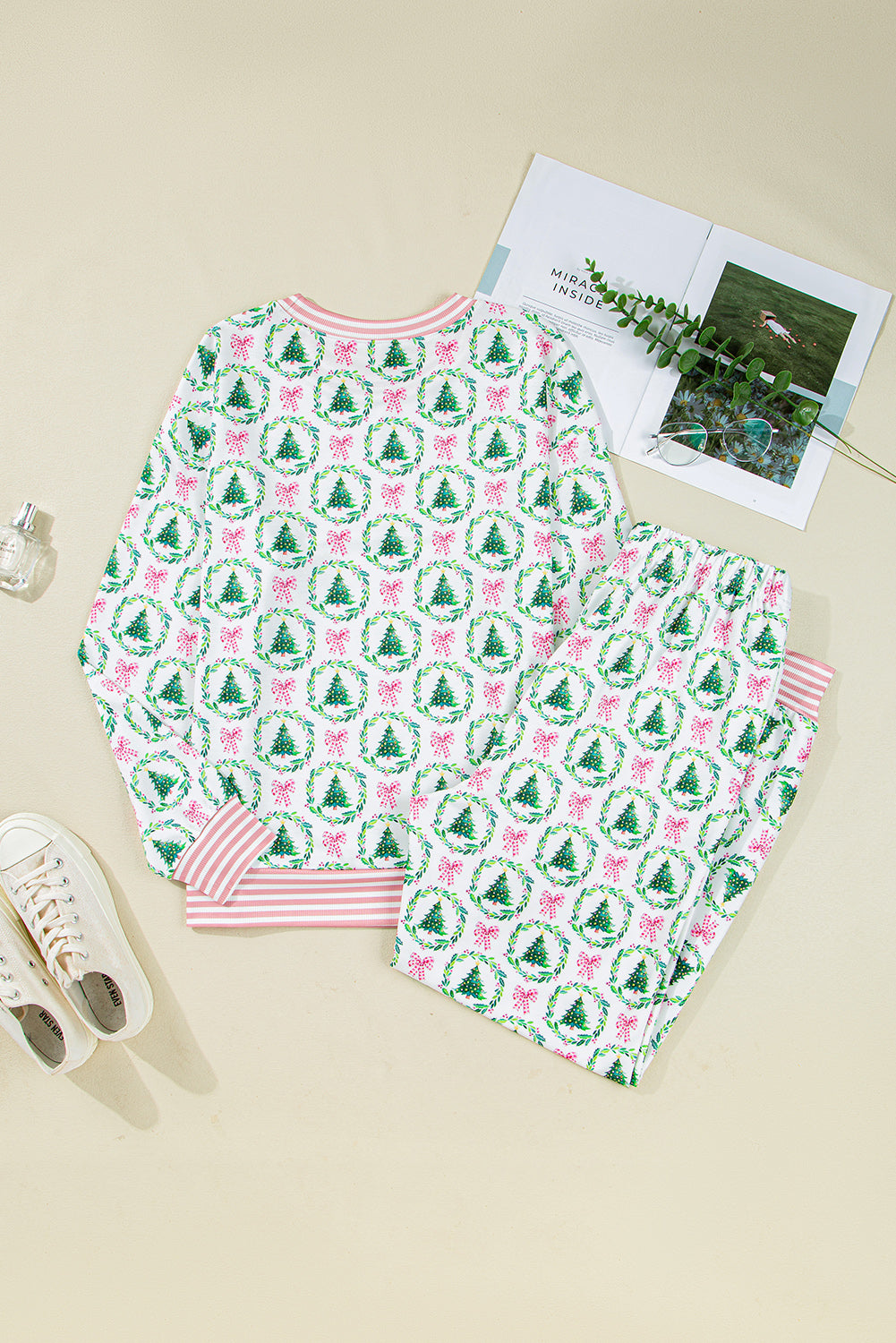 Pink Christmas Tree Reindeer Print Contrast Striped Trim Pajama Set