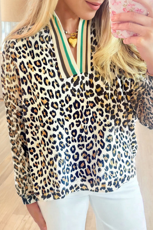 Khaki Leopard Print Long Sleeve Striped V Neck Top
